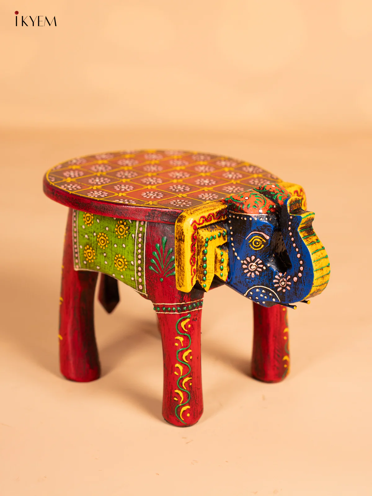 Hand-Painted Wooden Elephant Stool - Red - 6 Inch - KN06117 - Image 3