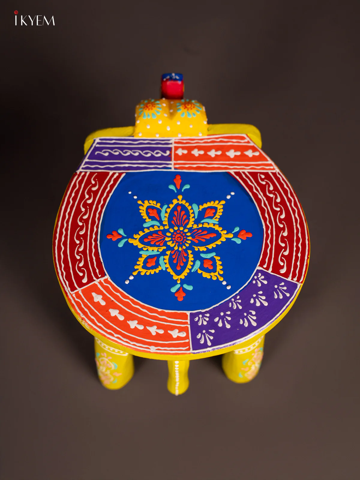Hand-Painted Wooden Elephant Stool - Greenish-Yellow - 6 Inches - KN06119 - Image 4