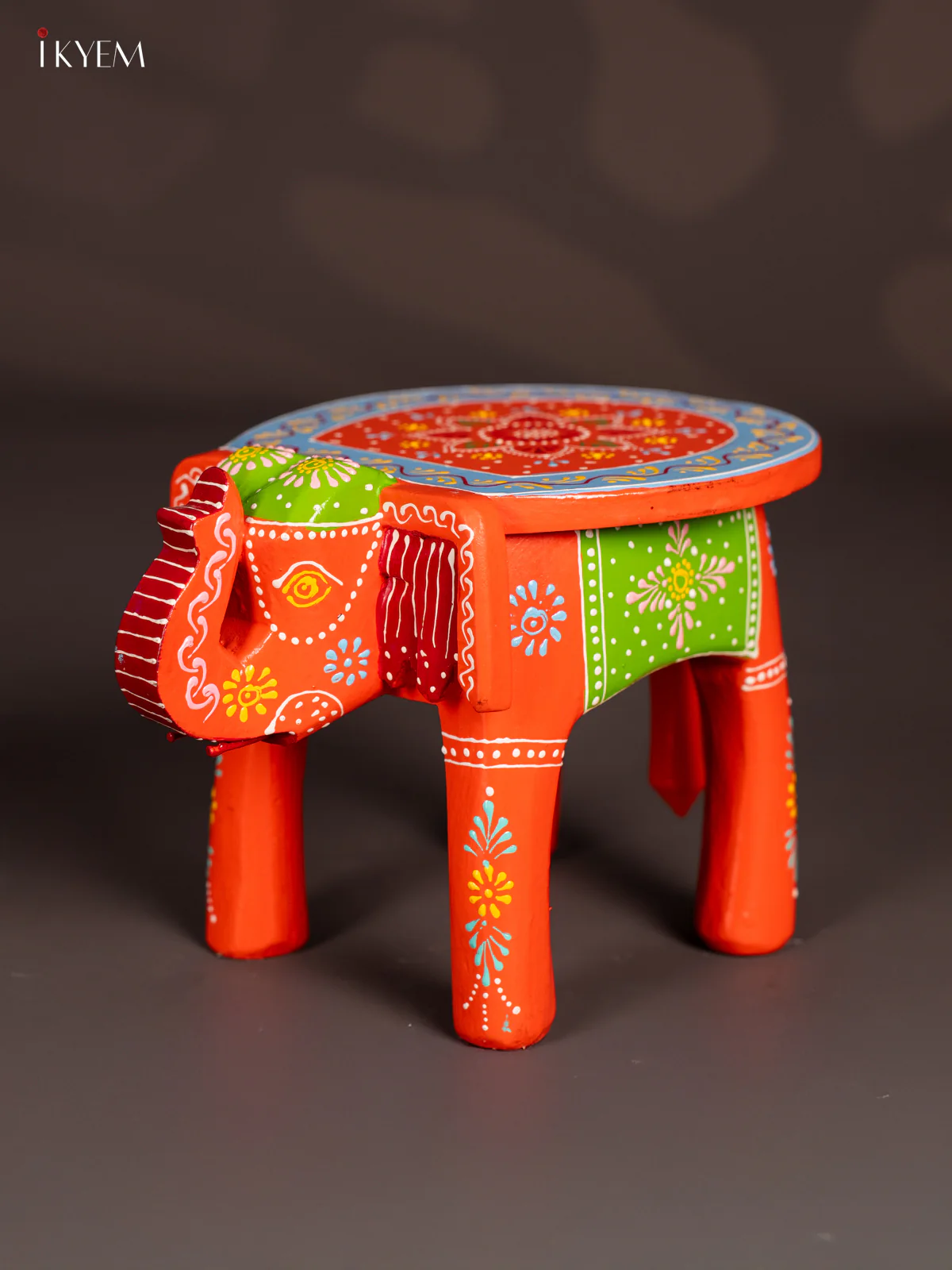 Hand-Painted Wooden Elephant Stool - Orange - 6 Inches -KN06120 - Image 3