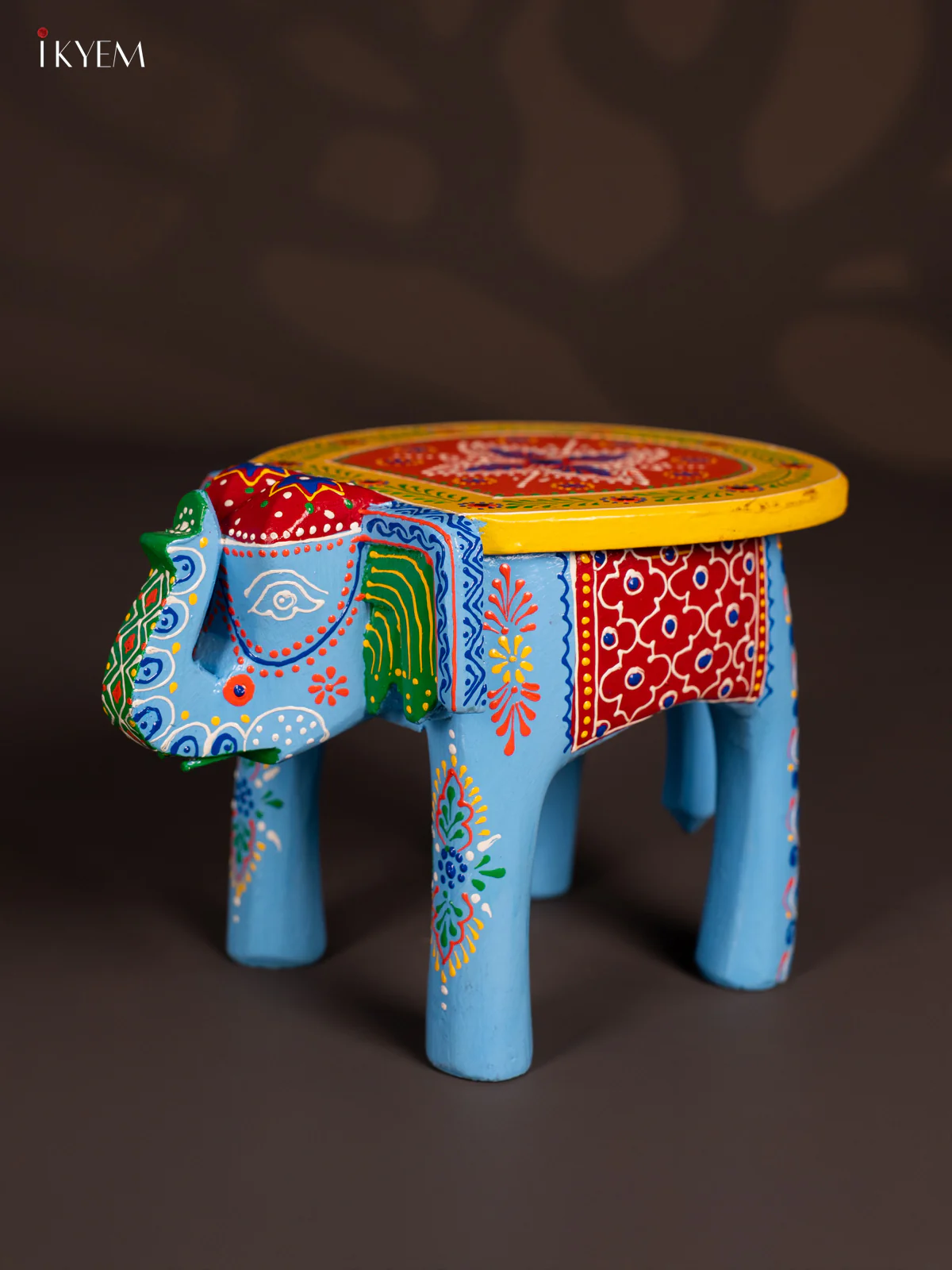Hand-Painted Wooden Elephant Stool - Sky Blue - 6 Inches - KN06121