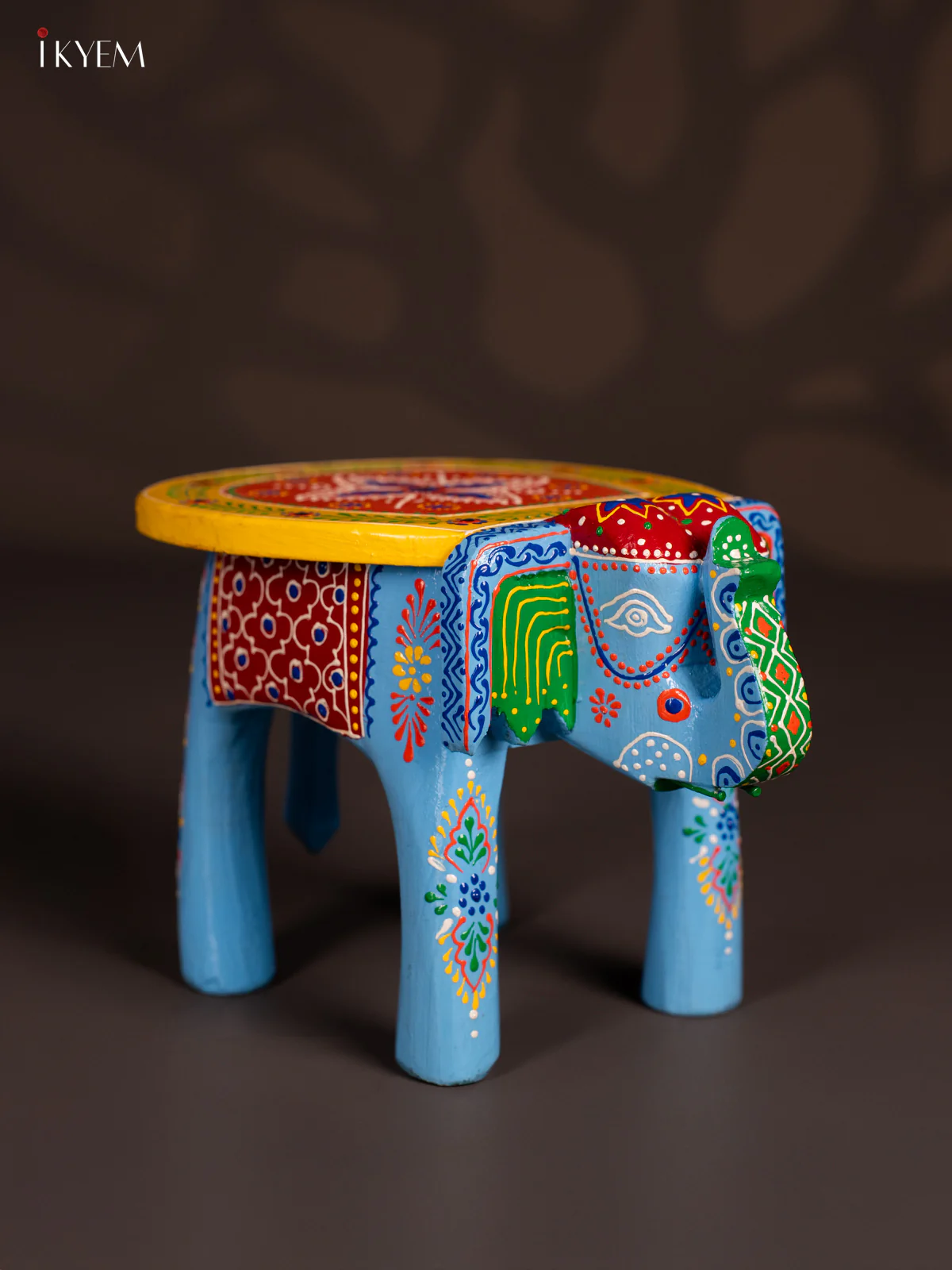 Hand-Painted Wooden Elephant Stool - Sky Blue - 6 Inches - KN06121 - Image 3