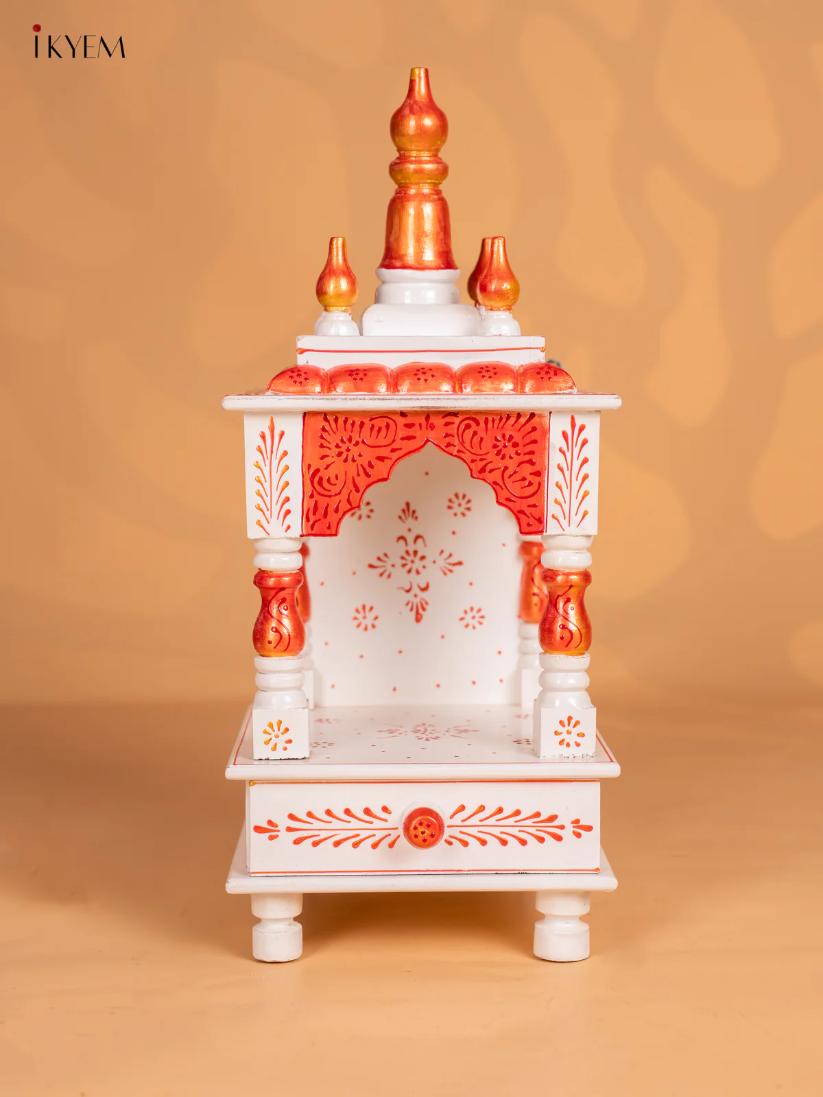 Hand-Painted Wooden Pooja Mandapam With Drawer - White - 19 Inches - KN08112