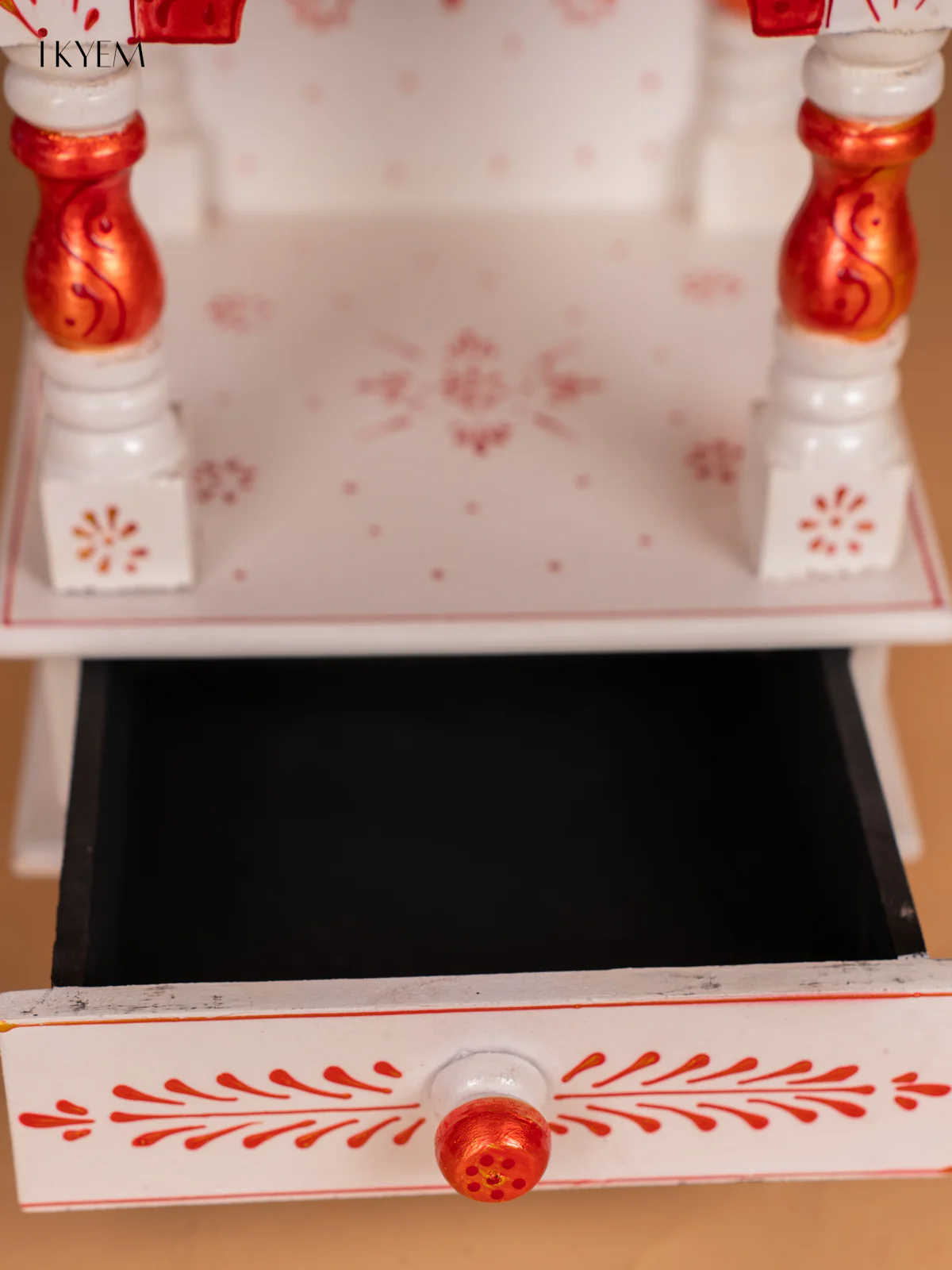 Hand-Painted Wooden Pooja Mandapam With Drawer - White - 19 Inches - KN08112 - Image 4