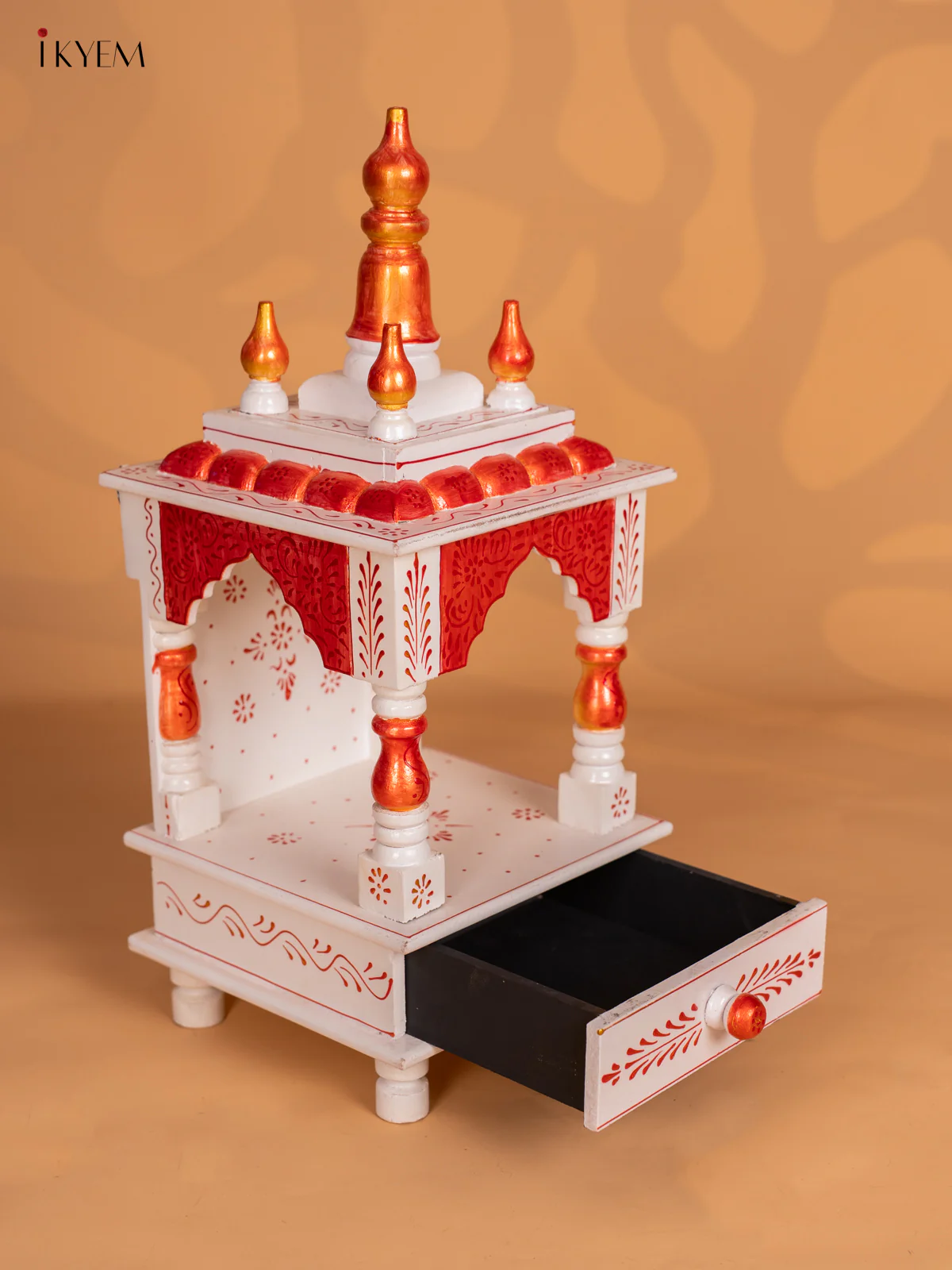 Hand-Painted Wooden Pooja Mandapam With Drawer - White - 19 Inches - KN08112 - Image 5
