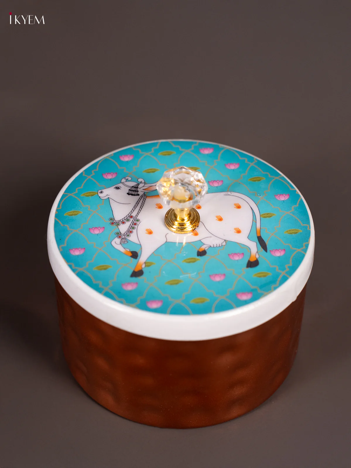 Cow Digital Printed Lid Metal Copper Nuts Box - Blue - (4×4) Inch - KN10112