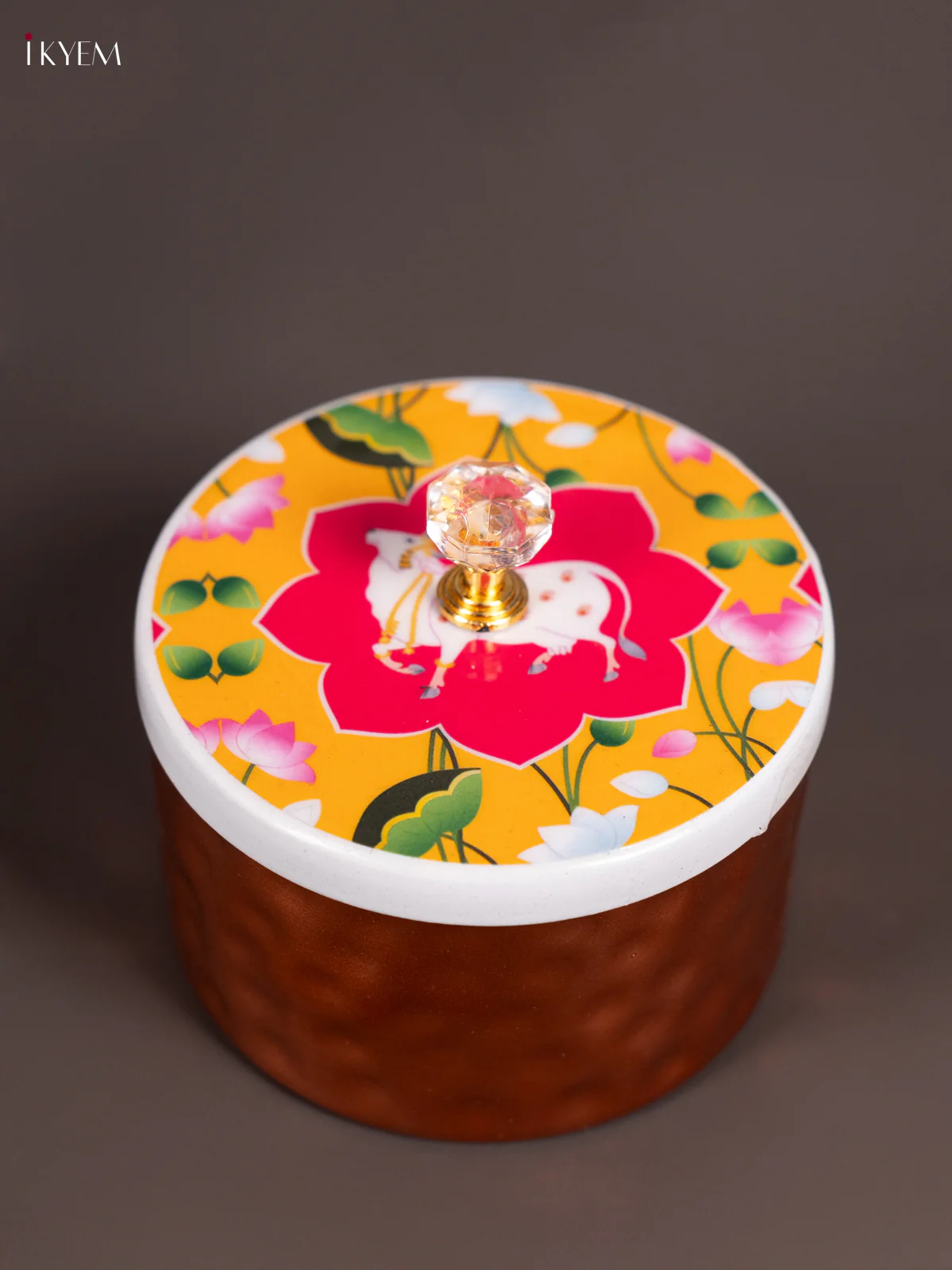 Cow Digital Printed Lid Metal Copper Nuts Box - Yellow - (4×4) Inch - KN10113
