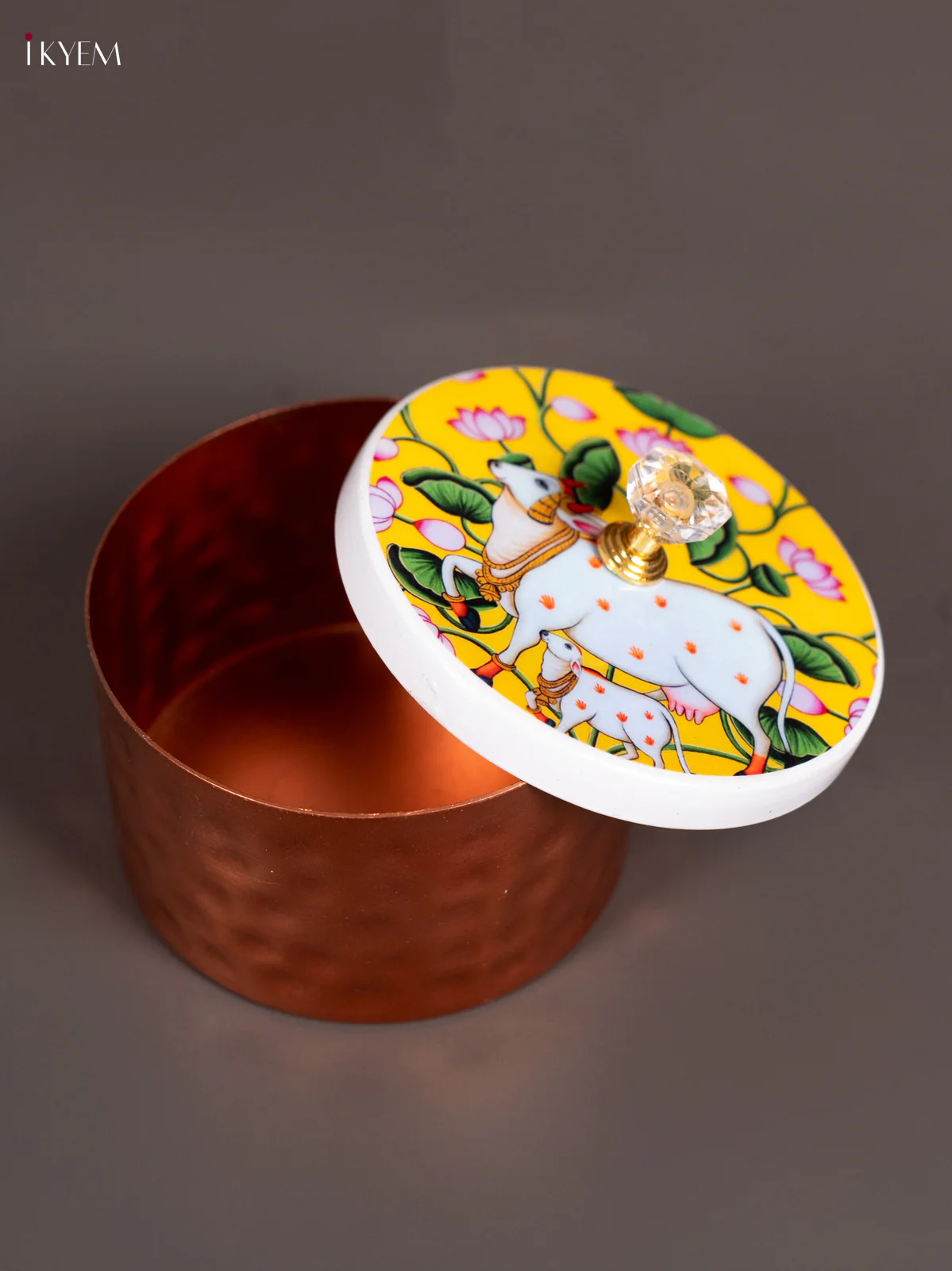 Cow & calf Digital Printed Lid Metal Copper Nuts Box - Yellow - (4×4) Inch - KN10114 - Image 2