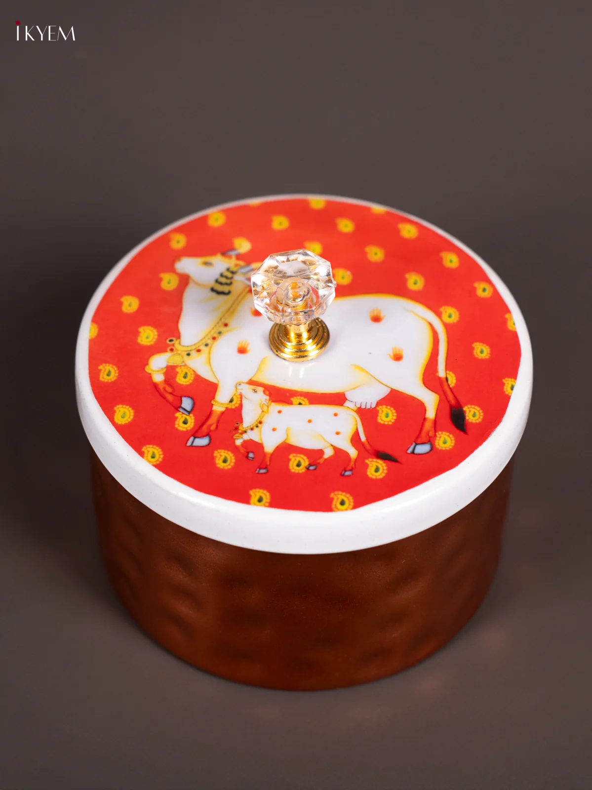 Cow & calf Digital Printed Lid Metal Copper Nuts Box - Red - (4×4) Inch - KN10115