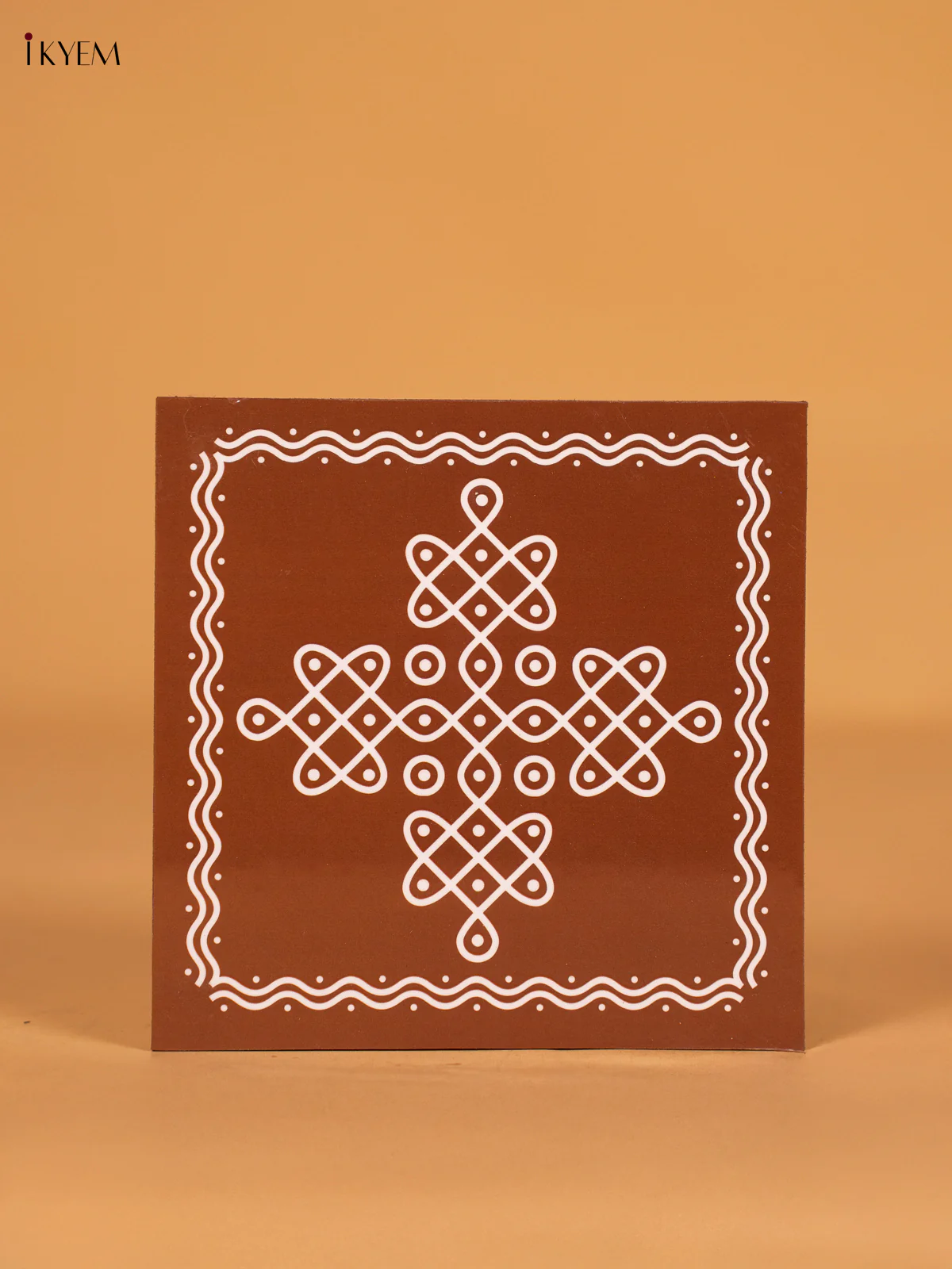 Traditional Sikku Kolam Wooden Square Manai - Coffee brown - (4x4) Inch - KN12129