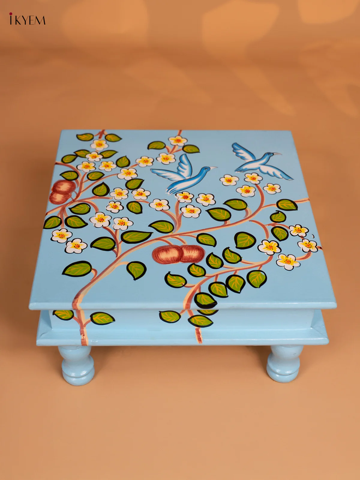Bird Hand Painted Wooden Bajot - Sky Blue- 12 Inches - KN15111 - Image 4