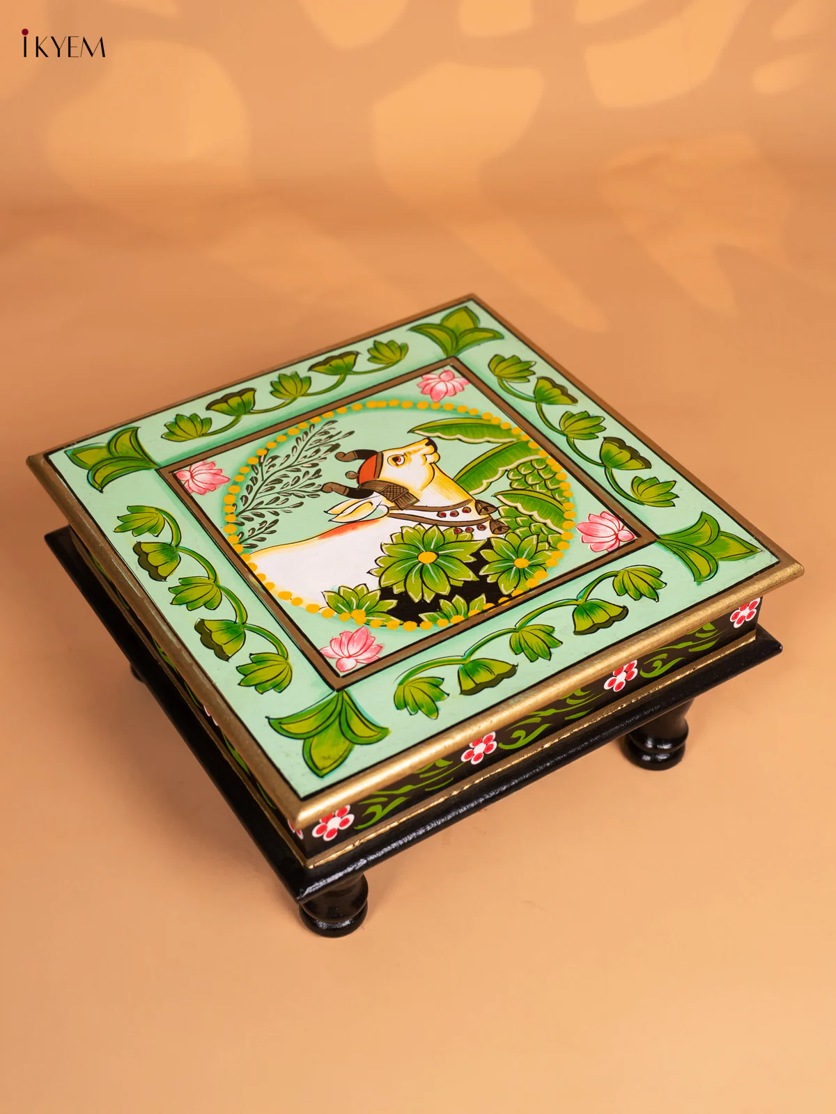 Cow Hand-Painted Wooden Bajot - Green - 12 Inches - KN15112