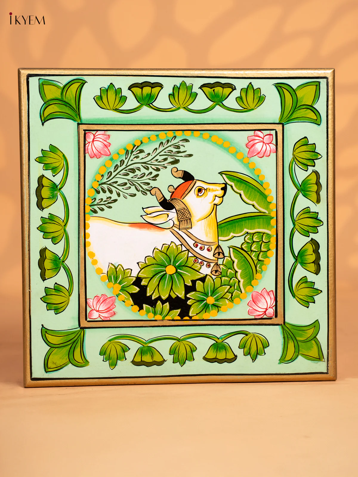 Cow Hand-Painted Wooden Bajot - Green - 12 Inches - KN15112 - Image 2