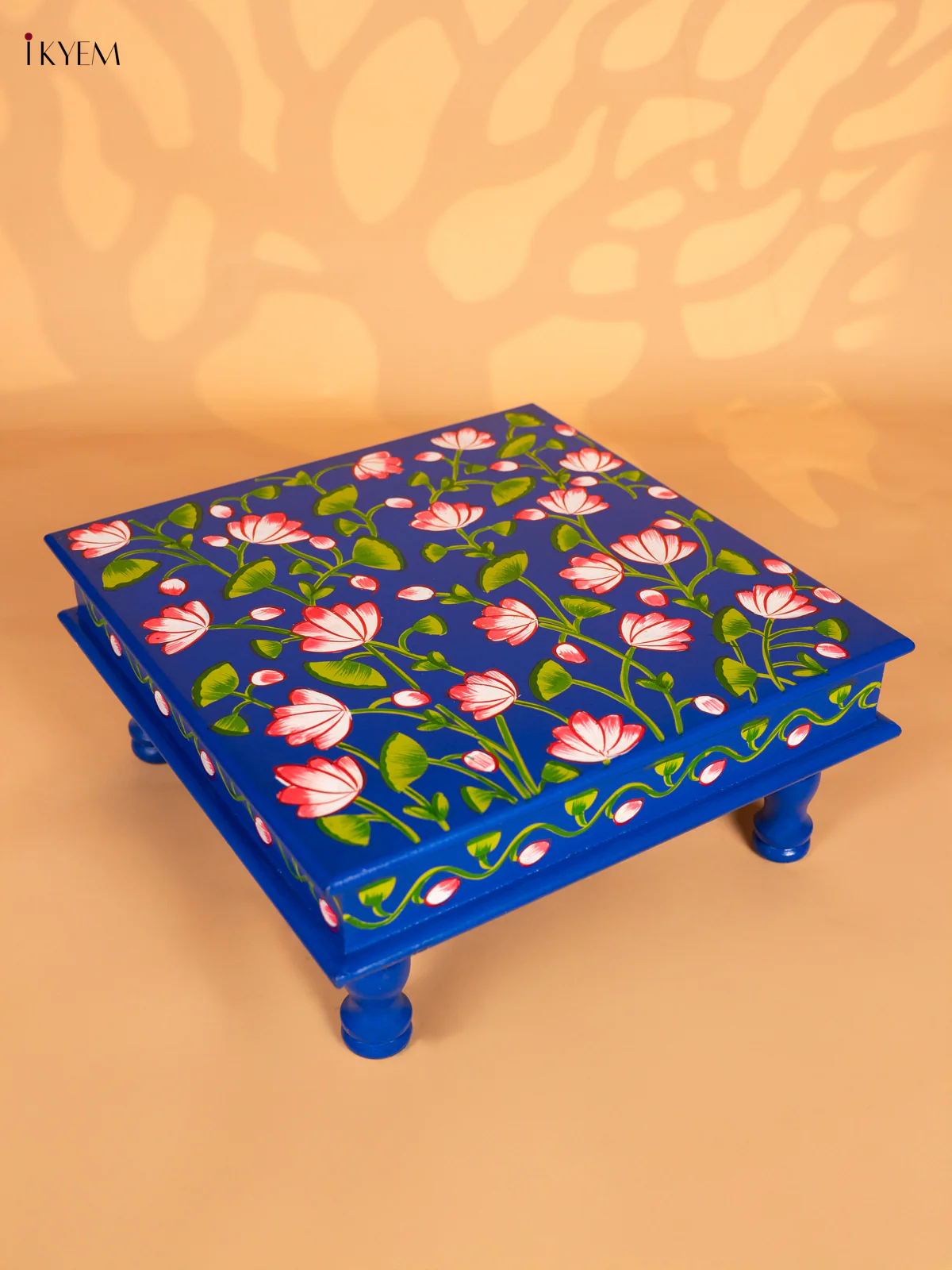 Lotus Hand Painted Wooden Bajot - Blue - 15 Inches - KN15115