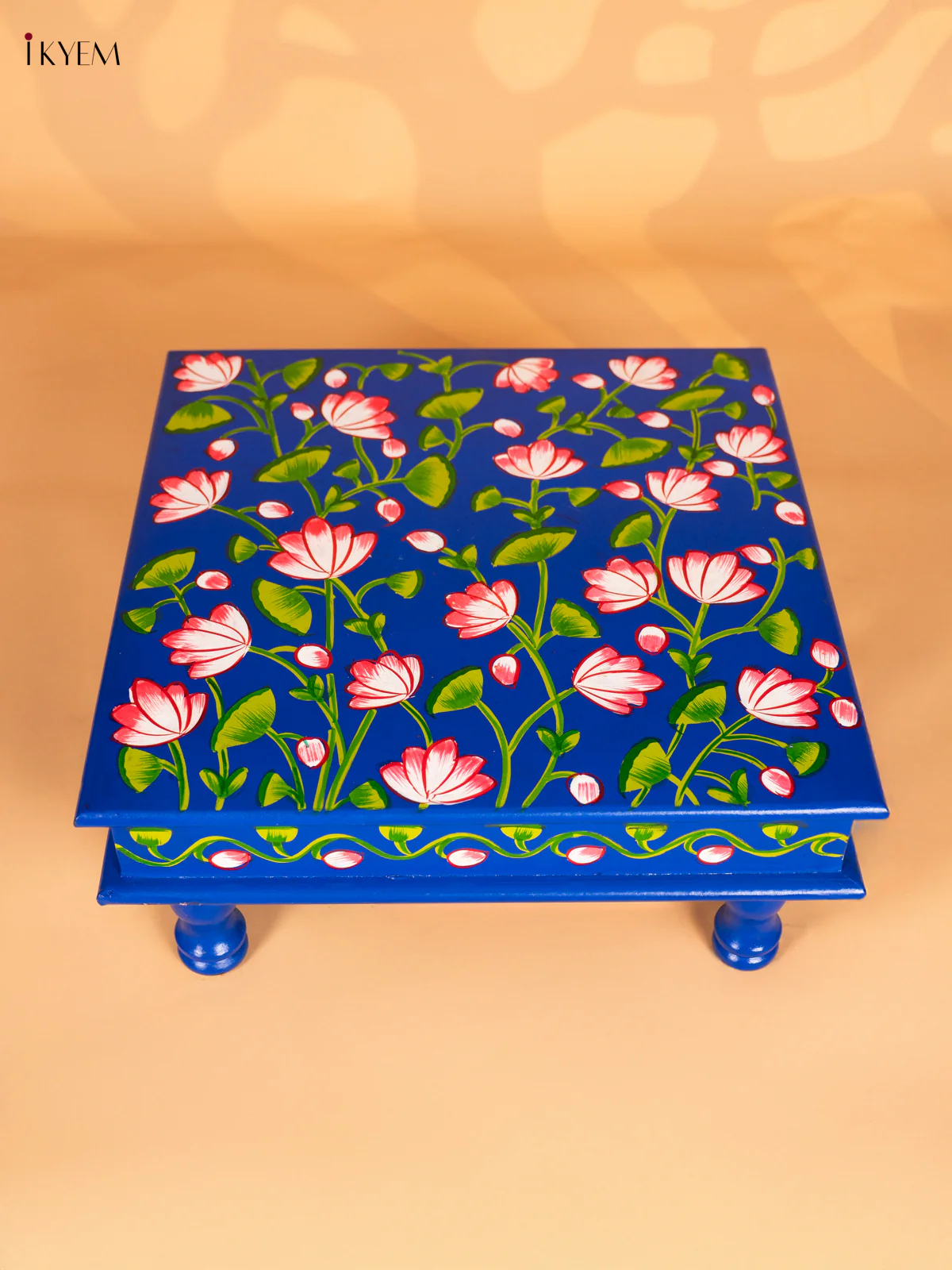 Lotus Hand Painted Wooden Bajot - Blue - 15 Inches - KN15115 - Image 4