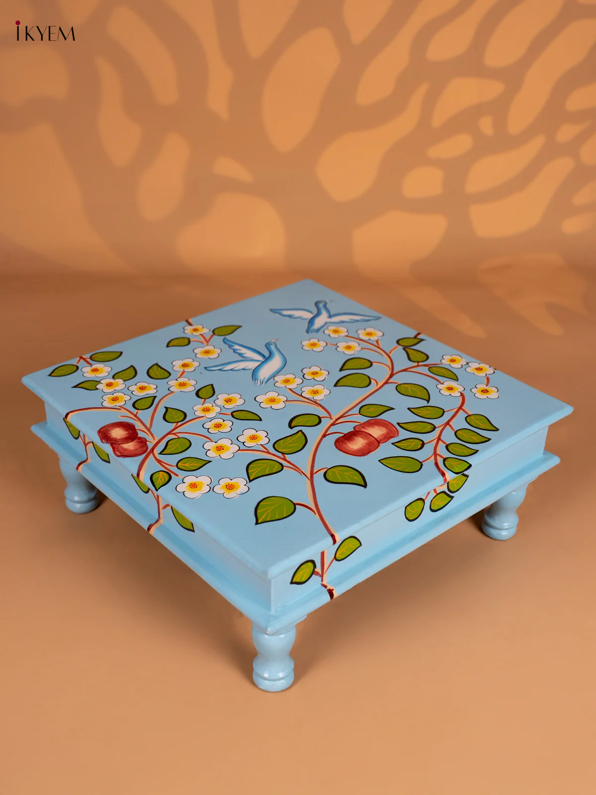 Bird Hand Painted Wooden Bajot - Sky Blue - 15 Inches - KN15117