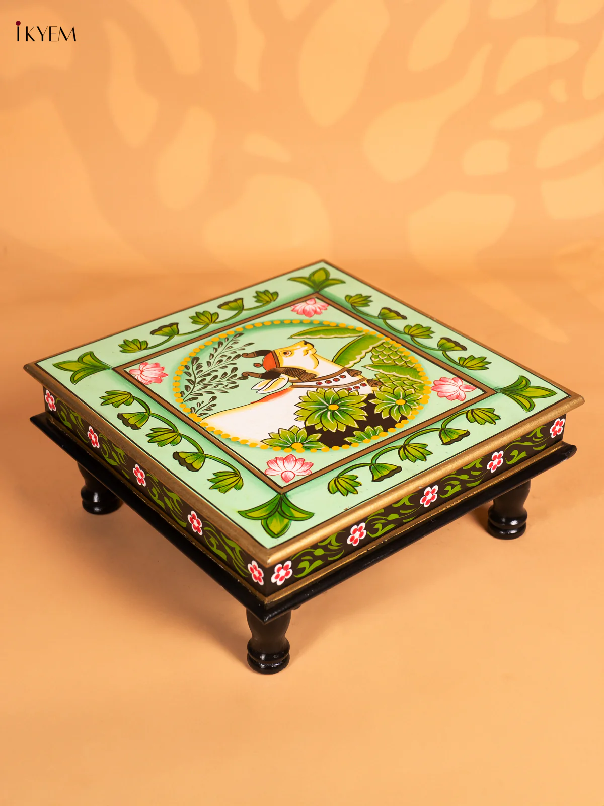 Cow Hand-Painted Wooden Bajot - Green - 15 Inches - KN15118