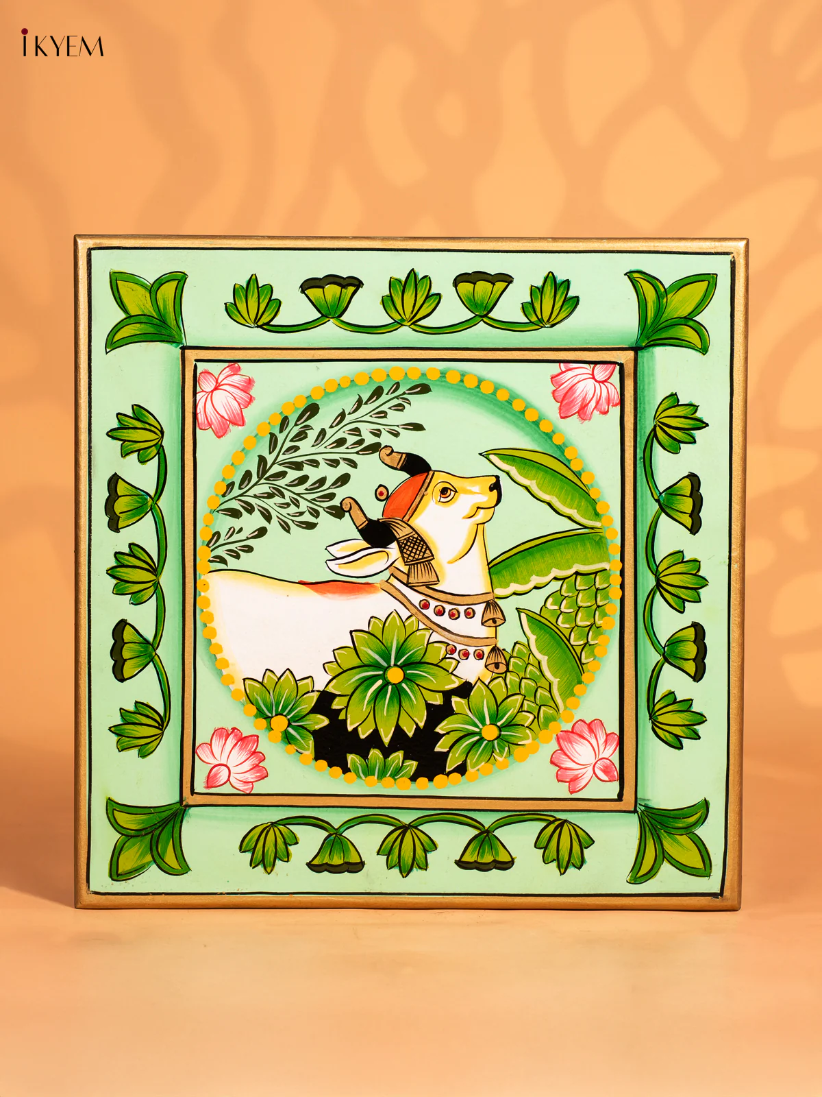 Cow Hand-Painted Wooden Bajot - Green - 15 Inches - KN15118 - Image 2