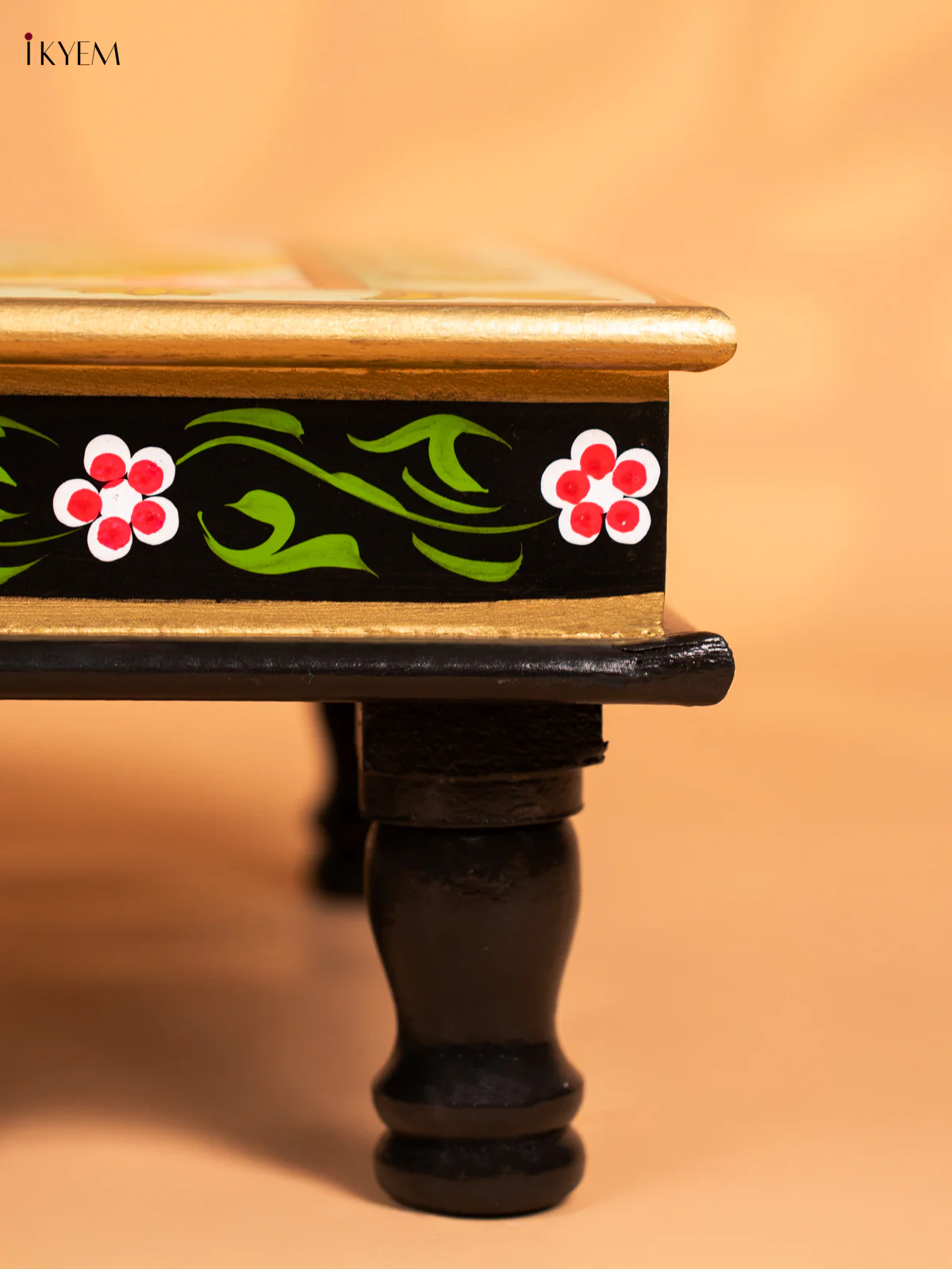 Cow Hand-Painted Wooden Bajot - Green - 15 Inches - KN15118 - Image 3