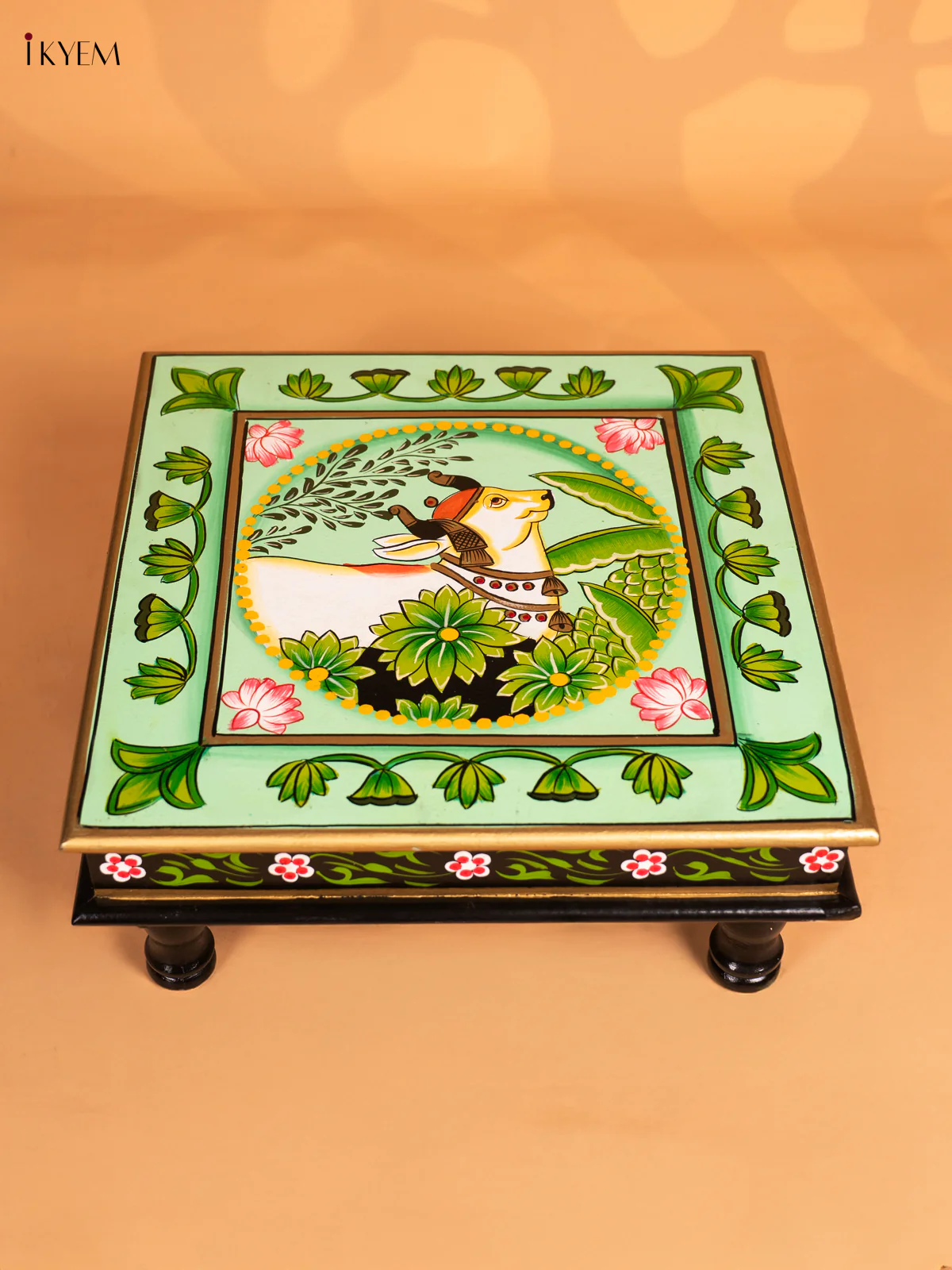 Cow Hand-Painted Wooden Bajot - Green - 15 Inches - KN15118 - Image 4