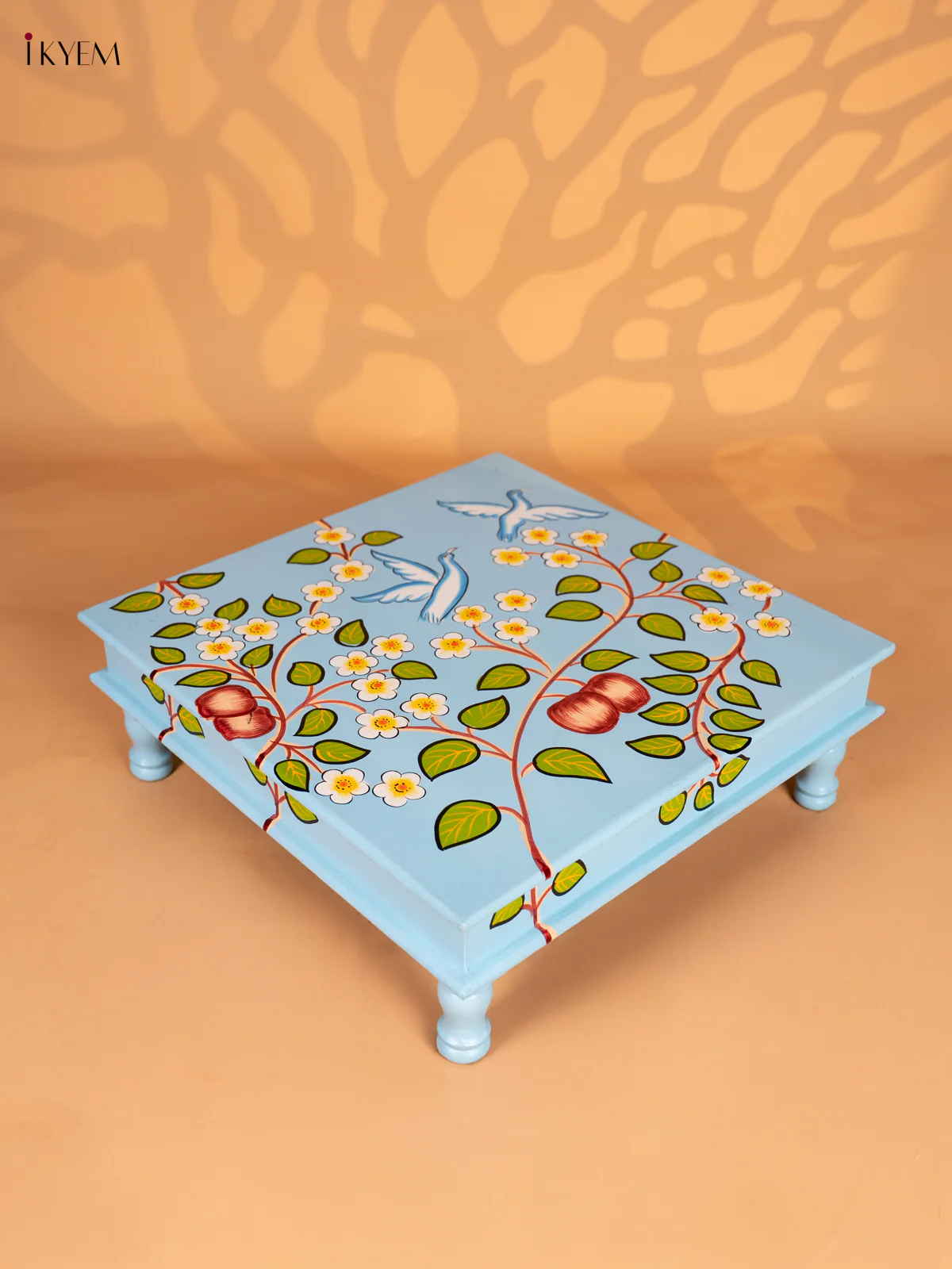 Bird Hand-Painted Wooden Bajot - Sky Blue - 18 Inches - KN15119