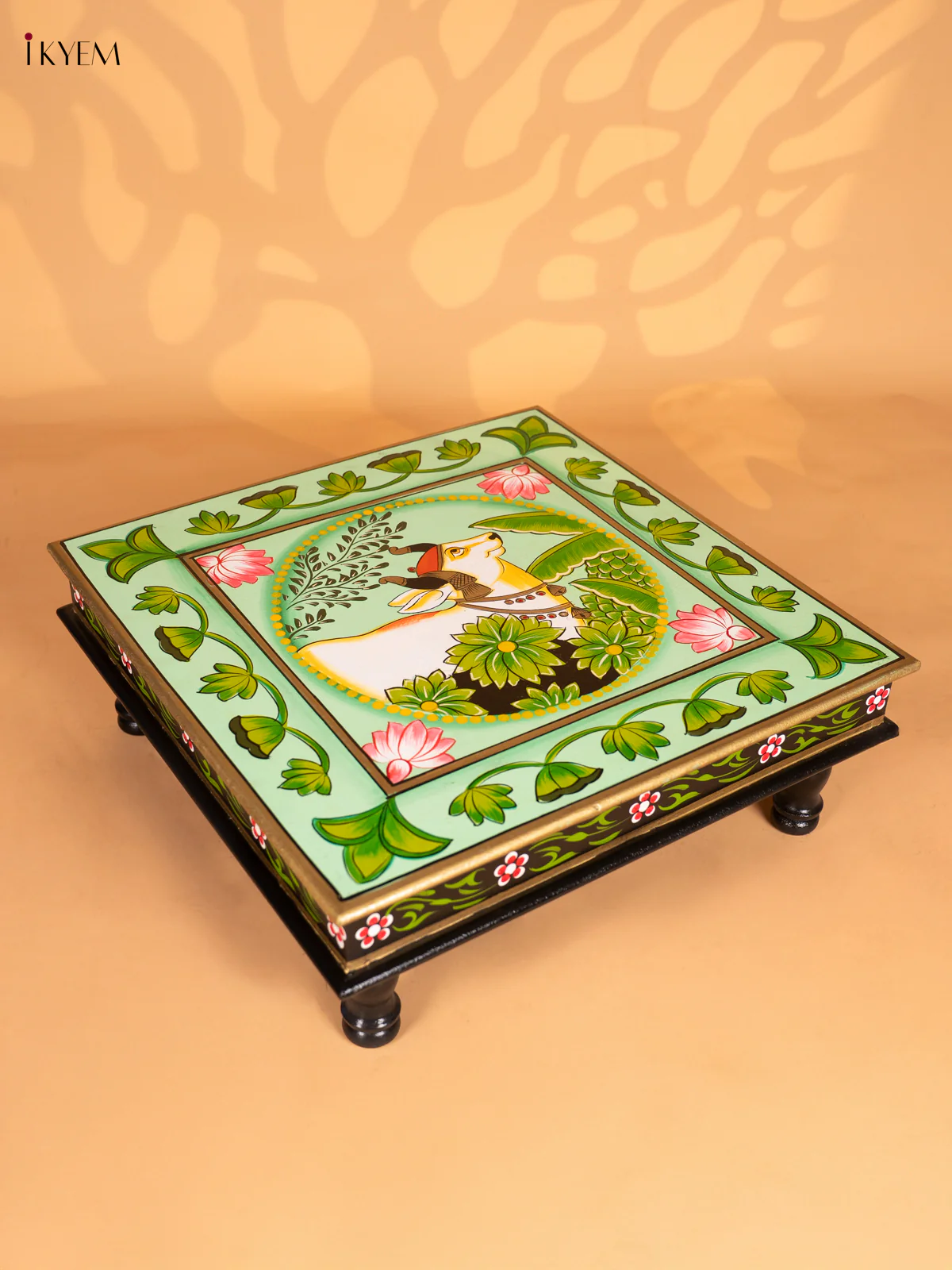 Cow Hand-Painted Wooden Bajot - Green - 18 Inches - KN15120