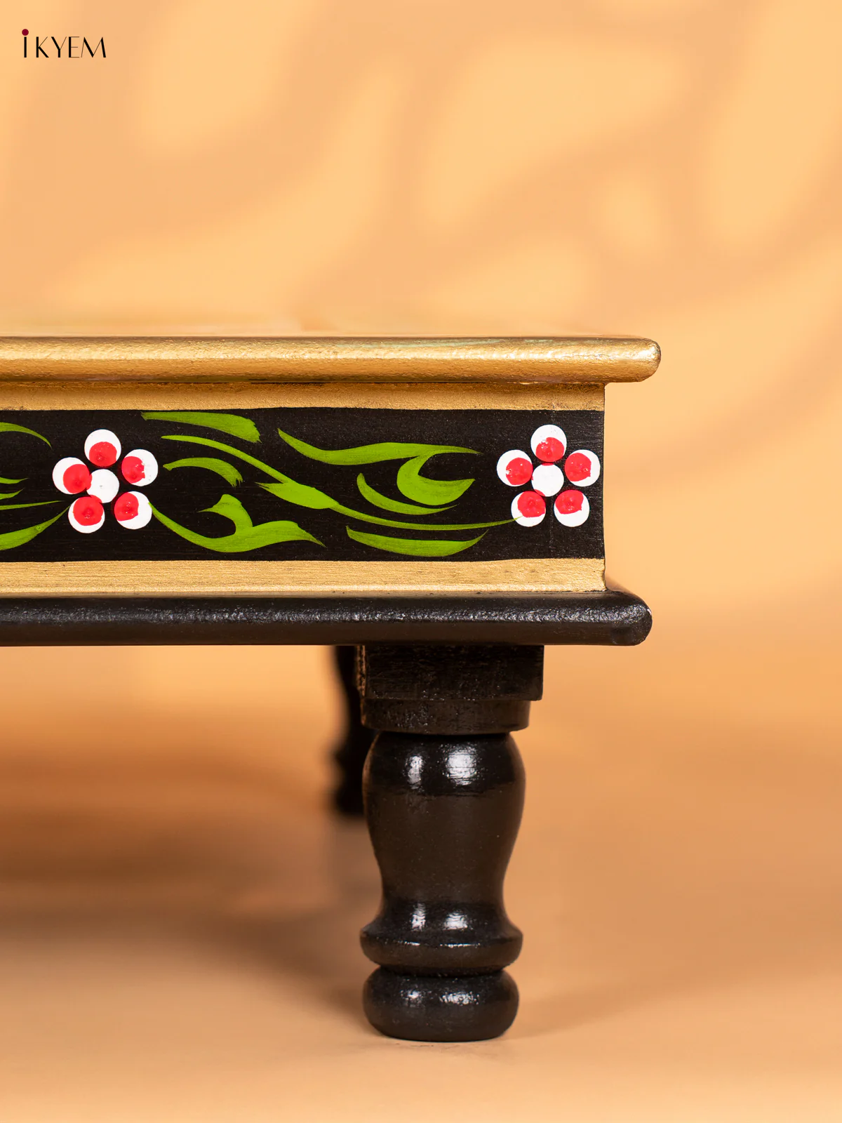 Cow Hand-Painted Wooden Bajot - Green - 18 Inches - KN15120 - Image 3