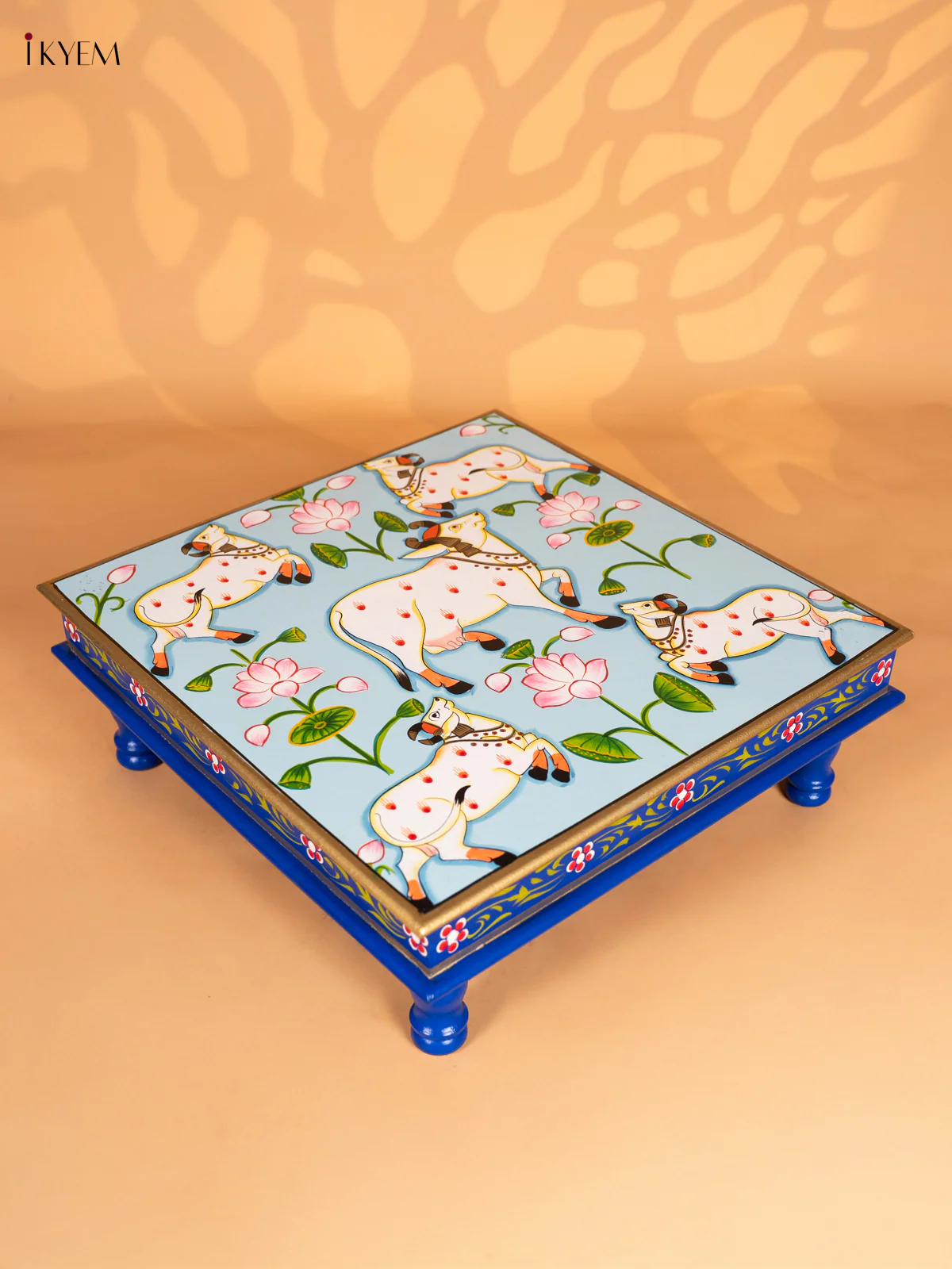 Pichwai Cow Wooden Hand-Painted Bajot - Sky Blue - 18 Inches - KN15121