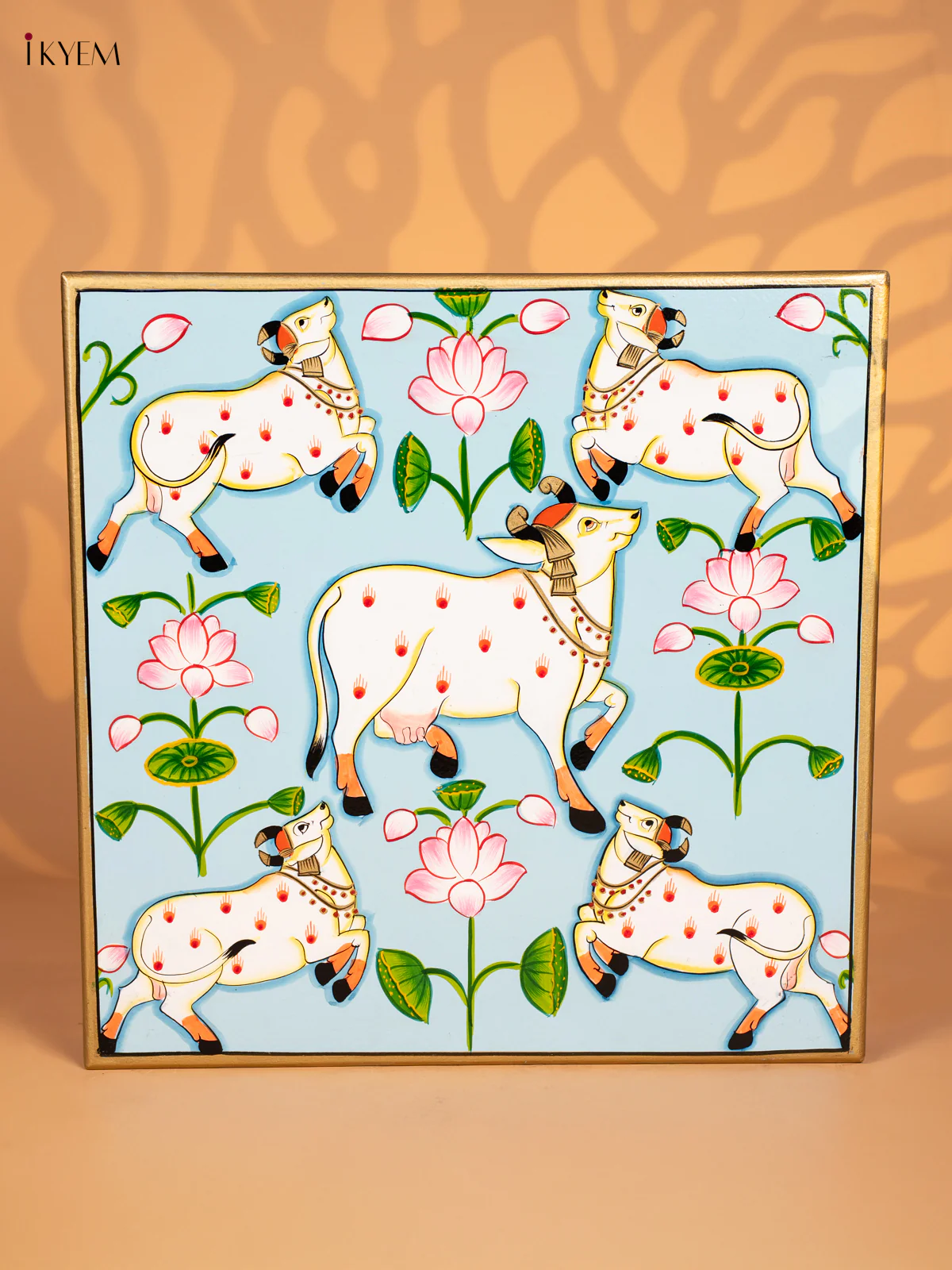 Pichwai Cow Wooden Hand-Painted Bajot - Sky Blue - 18 Inches - KN15121 - Image 2