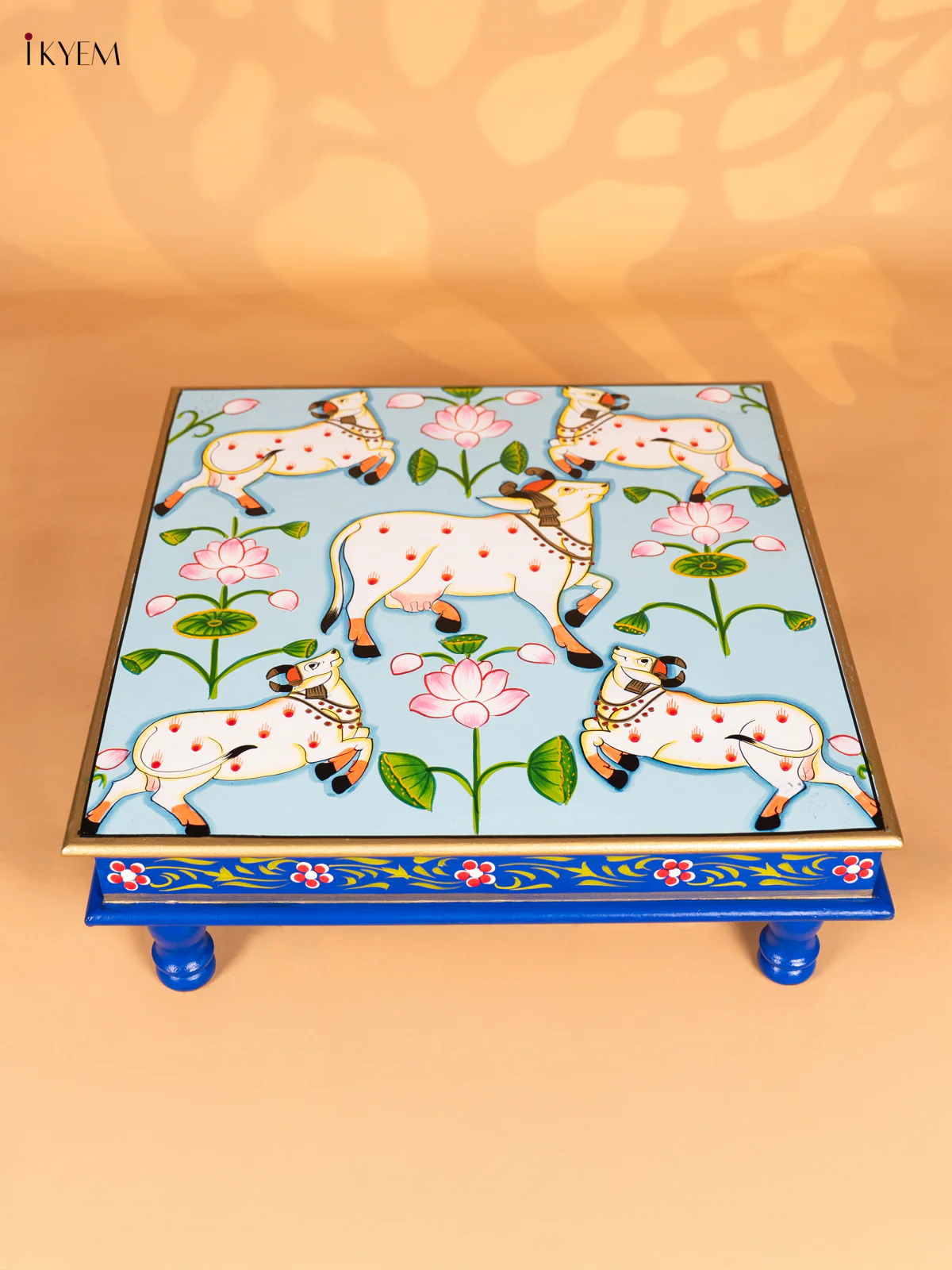 Pichwai Cow Wooden Hand-Painted Bajot - Sky Blue - 18 Inches - KN15121 - Image 4