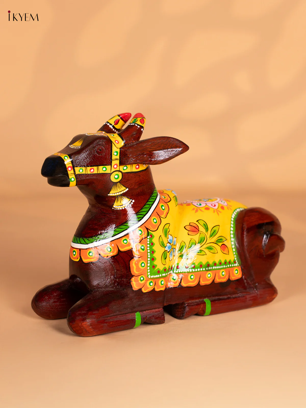 Hand-Painted Wooden Nandhi - Yellow - 7 Inch - KN15125