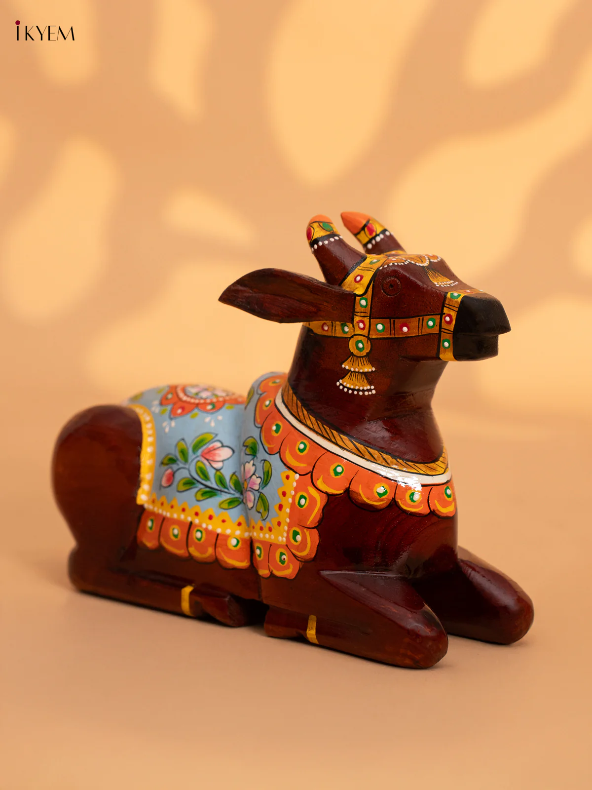 Hand-Painted Wooden Nandhi - Sky Blue - 7 Inch - KN15126