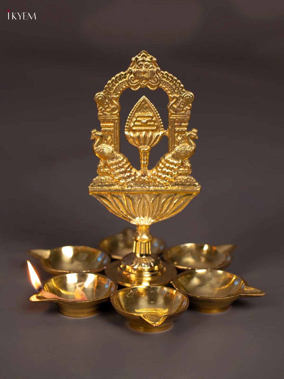 Brass Vel with Peacock 6-Face Diya - 6.5 Inch - KN16129