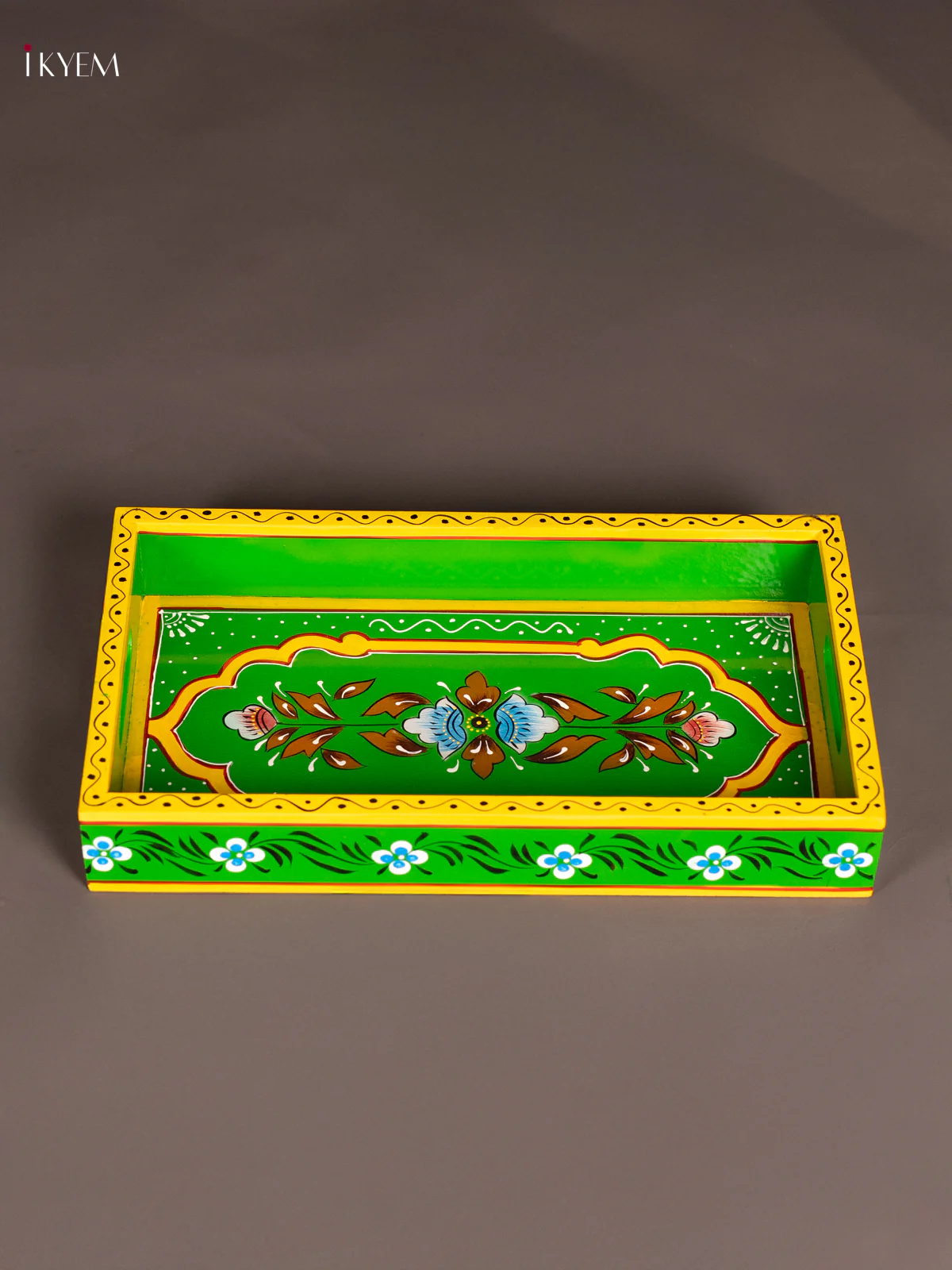 Hand-Painted Wooden Rectangular Tray - Green - (14×8) Inch - KN17117