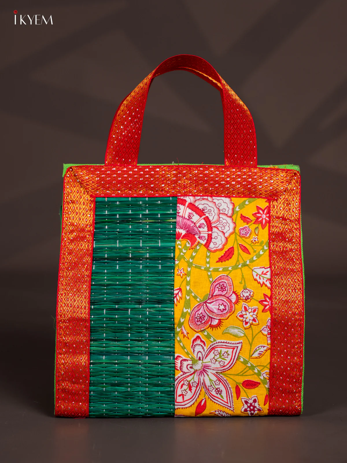 Floral design Korai Bag With Zari Border - Green - 9 Inch - KN28111
