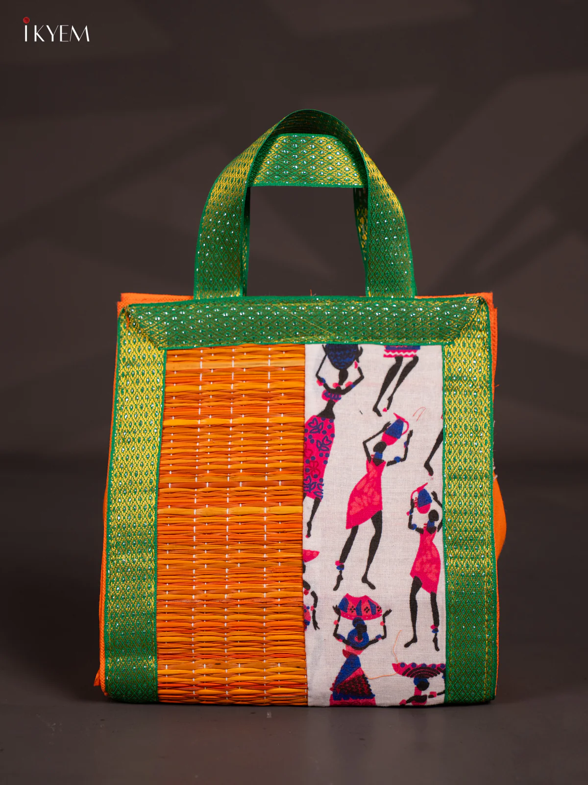 Warli Design Korai Bag With Zari Border - Orange - 9 Inch - KN28112