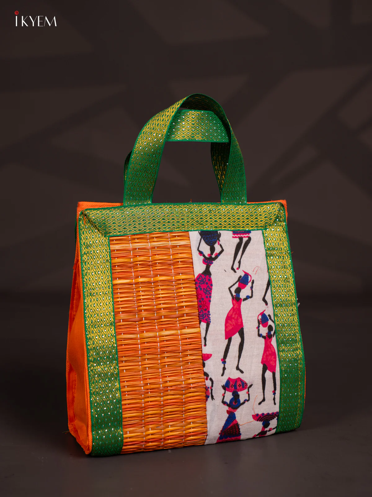 Warli Design Korai Bag With Zari Border - Orange - 9 Inch - KN28112 - Image 2
