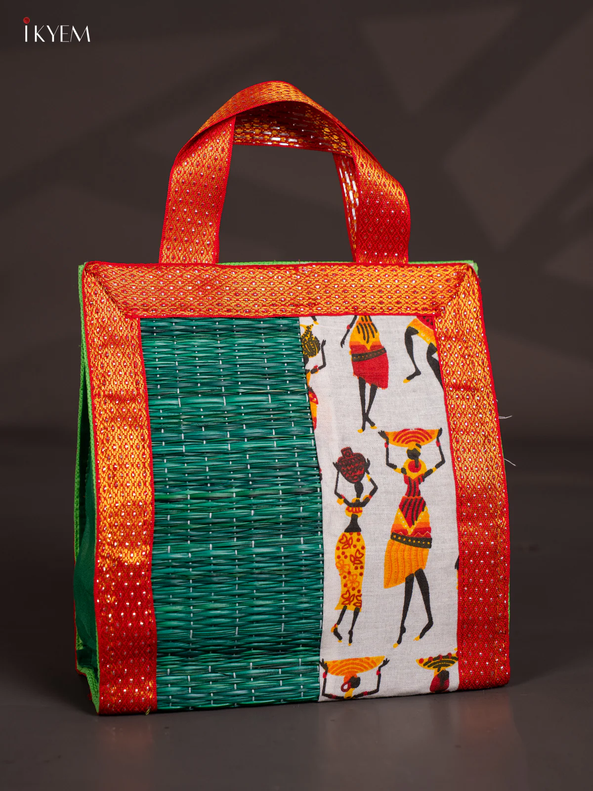 Warli Design Korai Bag With Zari Border - Green - 9 Inch -KN28114 - Image 2