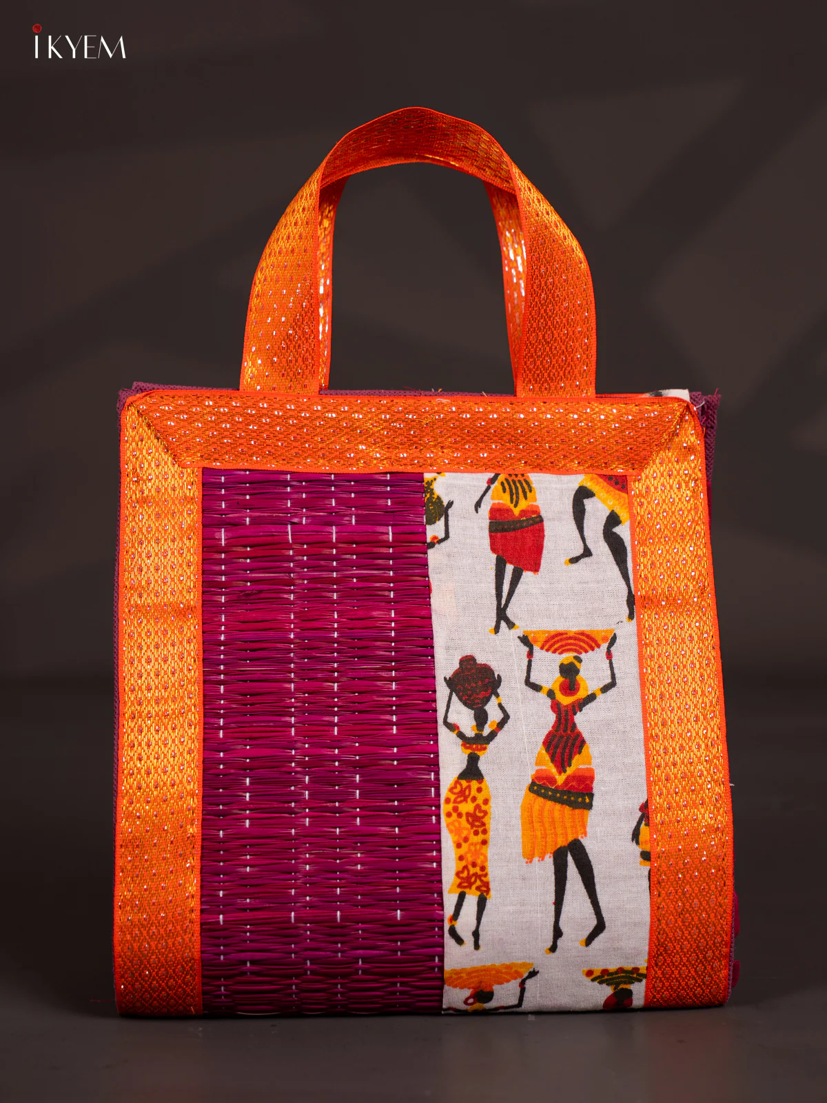 Warli Design Korai Bag With Zari Border - Purple - 9 Inch - KN28115