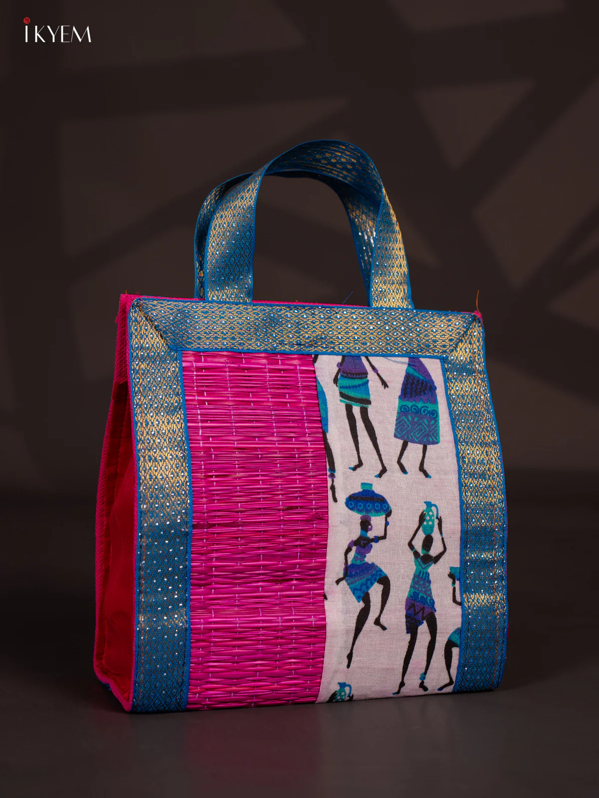 Warli Design Korai Bag With Zari Border - Pink - 9 Inch - KN28117 - Image 2