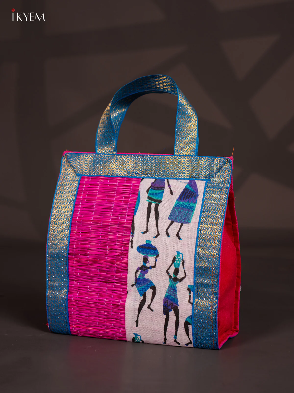 Warli Design Korai Bag With Zari Border - Pink - 9 Inch - KN28117 - Image 3