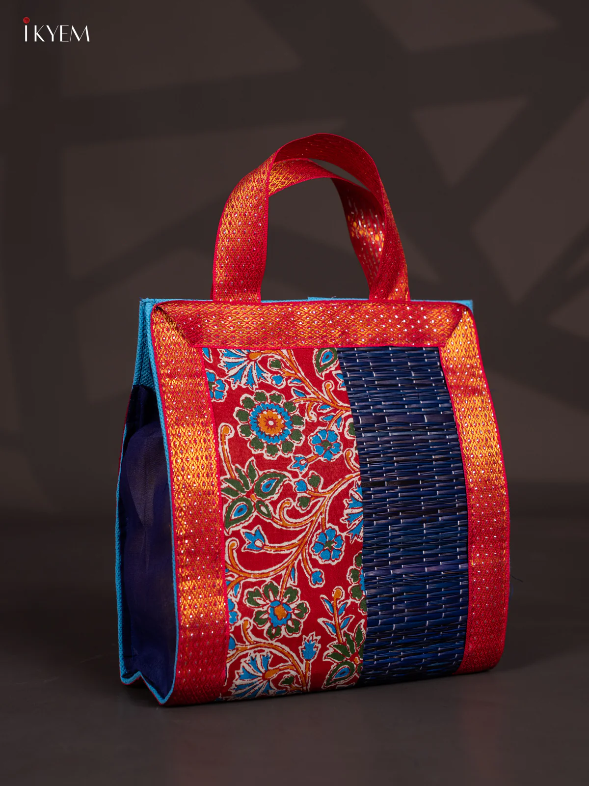 Flower Design Korai Bag With Zari Border - Blue - 9 Inch - KN28122 - Image 2