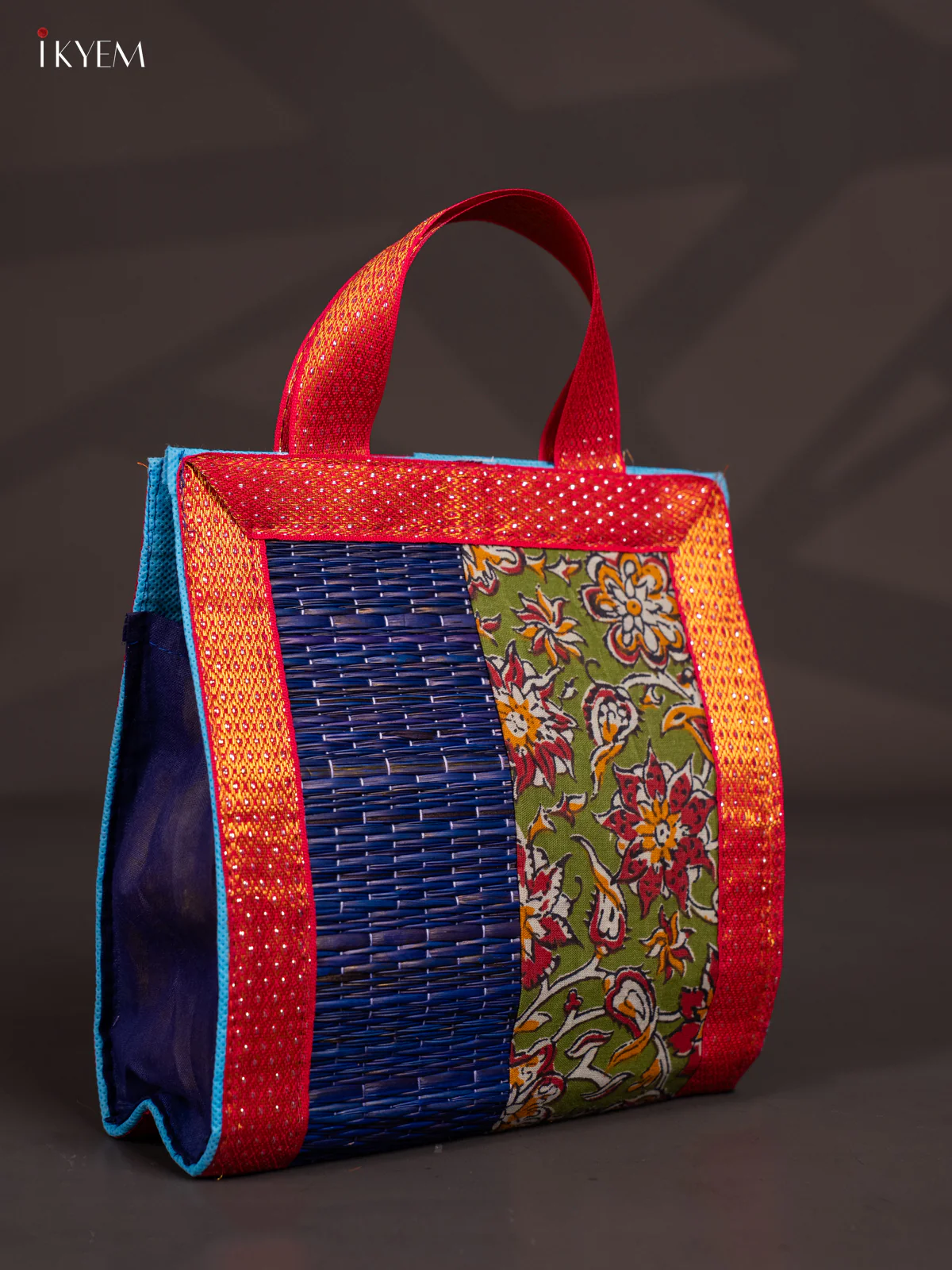 Flower Design Korai Bag With Zari Border - Blue - 9 Inch - KN28125 - Image 2