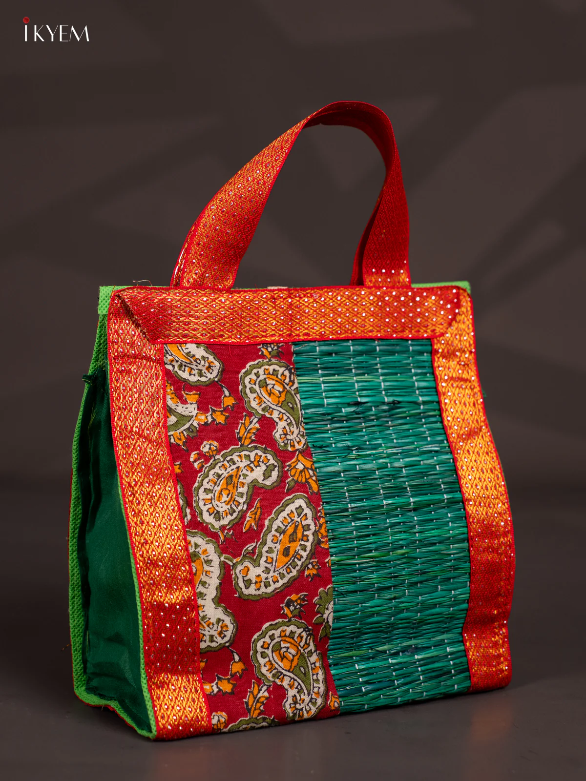 Flower Design Korai Bag With Zari Border - Green - 9 Inch - KN28127 - Image 2