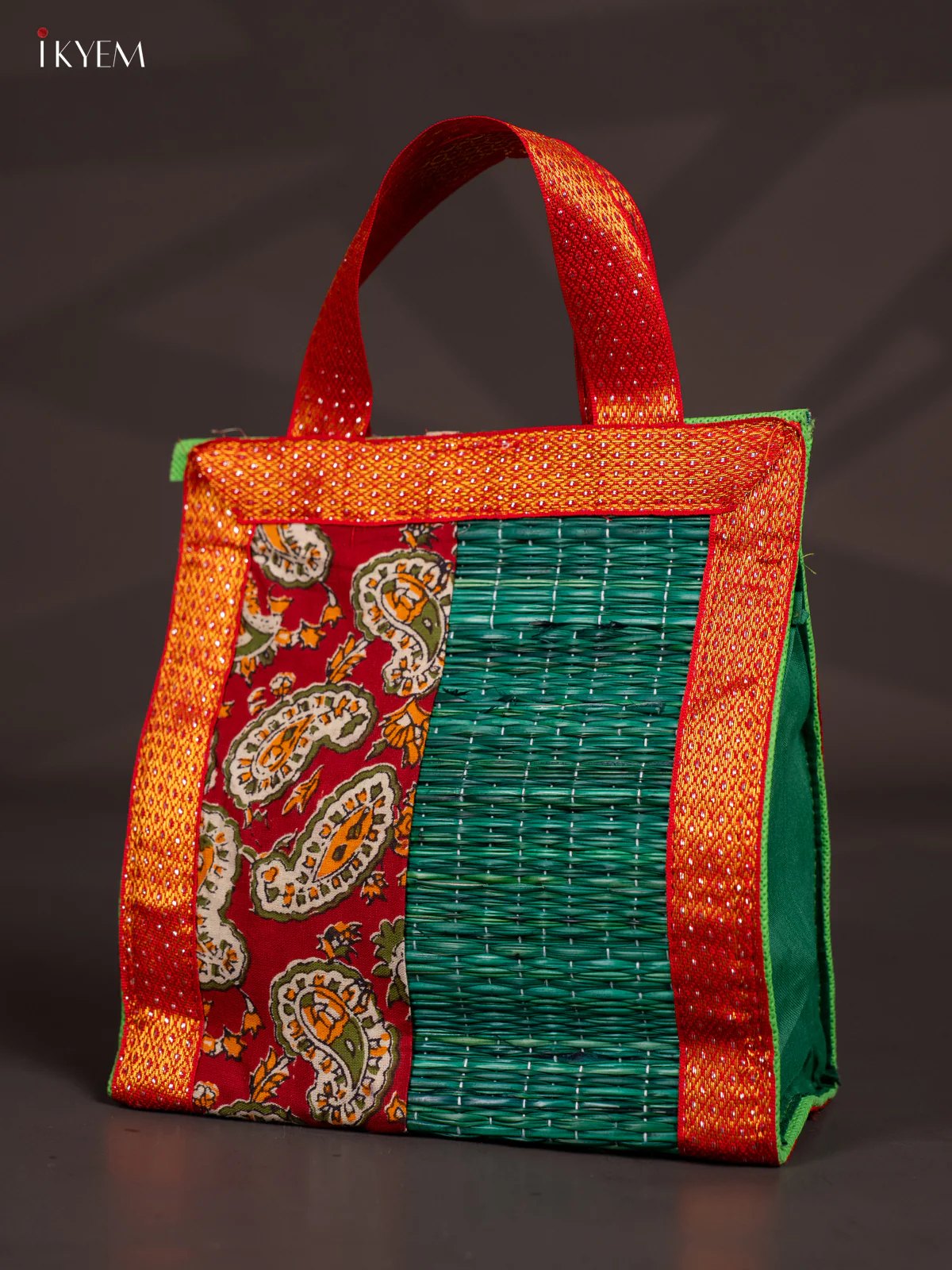 Flower Design Korai Bag With Zari Border - Green - 9 Inch - KN28127 - Image 3
