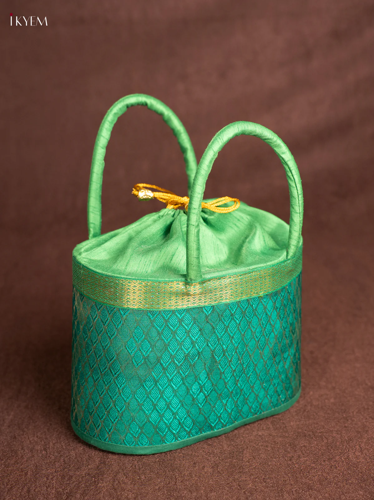 Raw Silk Korai Stackable Basket With Potli - Green - 6 Inches - KN28134