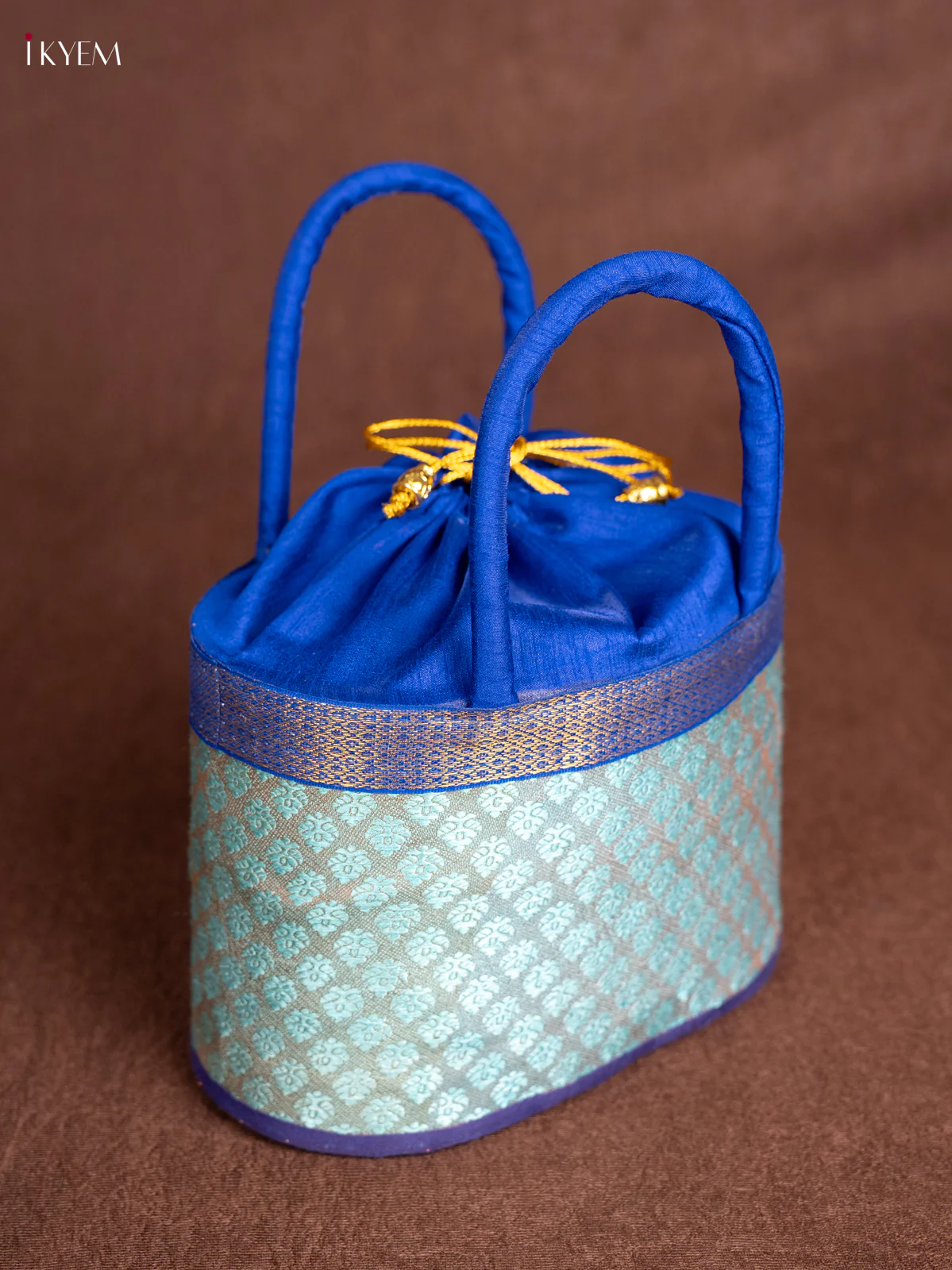 Raw Silk Korai Stackable Basket With Potli - Blue - 6 Inches - KN28135