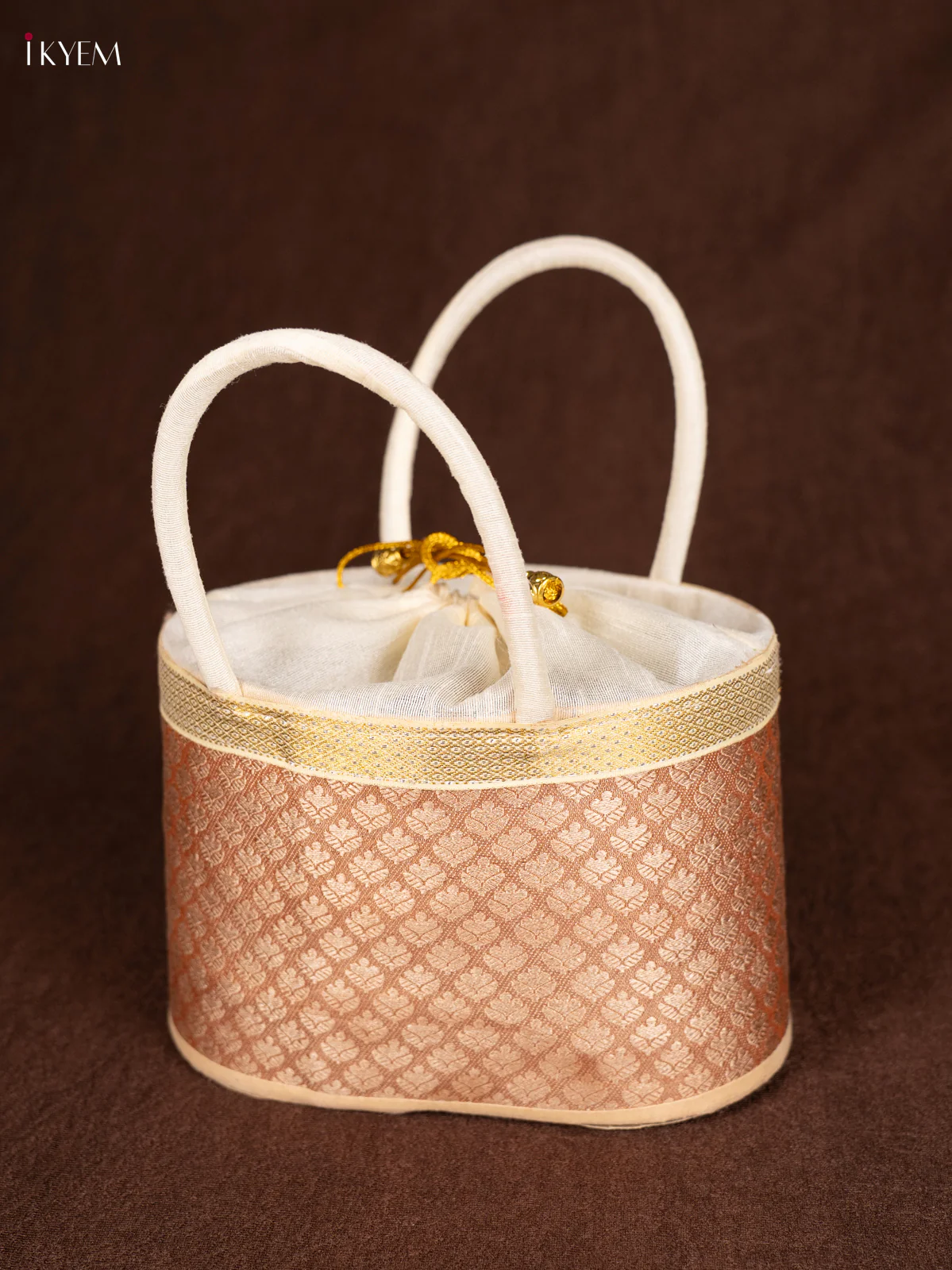 Raw Silk Korai Stackable Basket With Potli - Peach - 6 Inches - KN28136