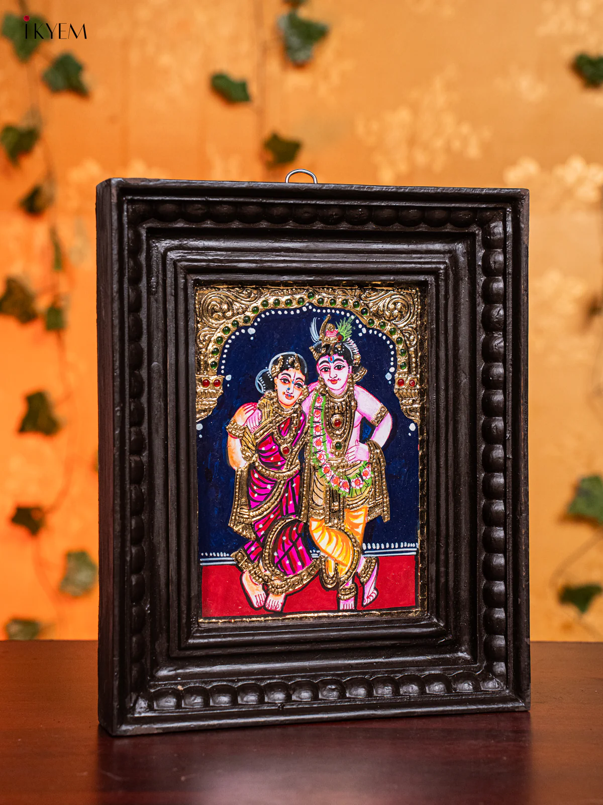 Pretty Krishna & Rukmani Thanjavur painting In Teak Wood Frame (11x9) - KH26125 - Image 2