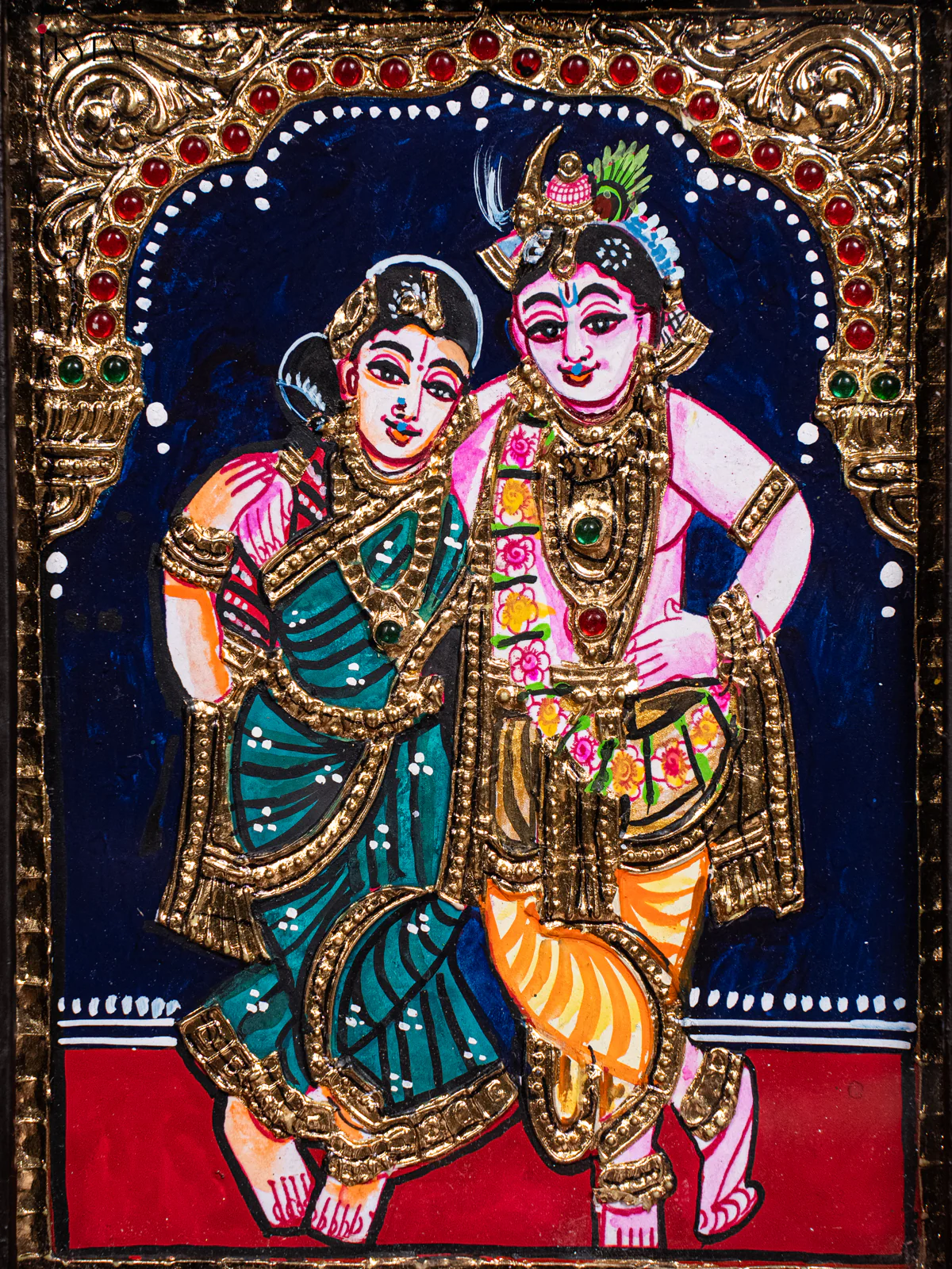 Divine Krishna & Rukmini Thanjavur painting In Teak Wood Frame (11x9) - KH26120 - Image 3