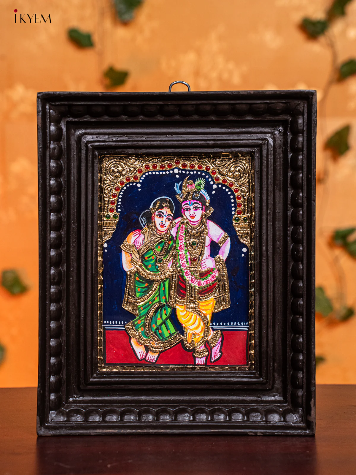 Stunning Krishna & Rukmani Thanjavur painting In Teak wood Frame (11x9 Inch) - KH26124